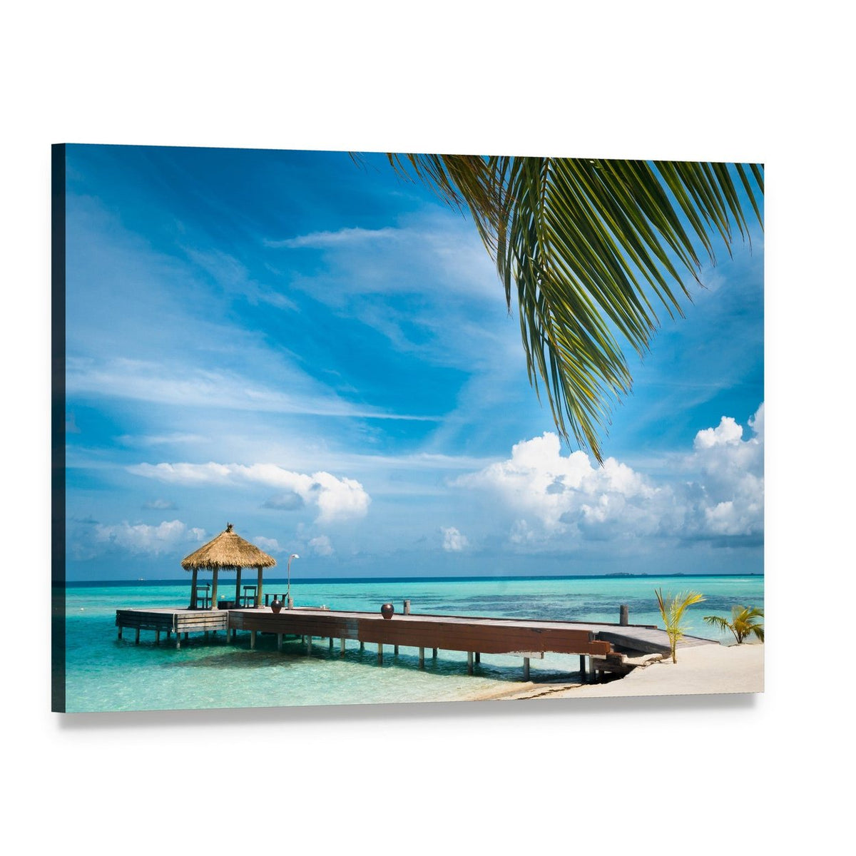 Tropical Jetty at Maldives Island Canvas Wall Art, single panel gallery wrapped canvas, angled product view