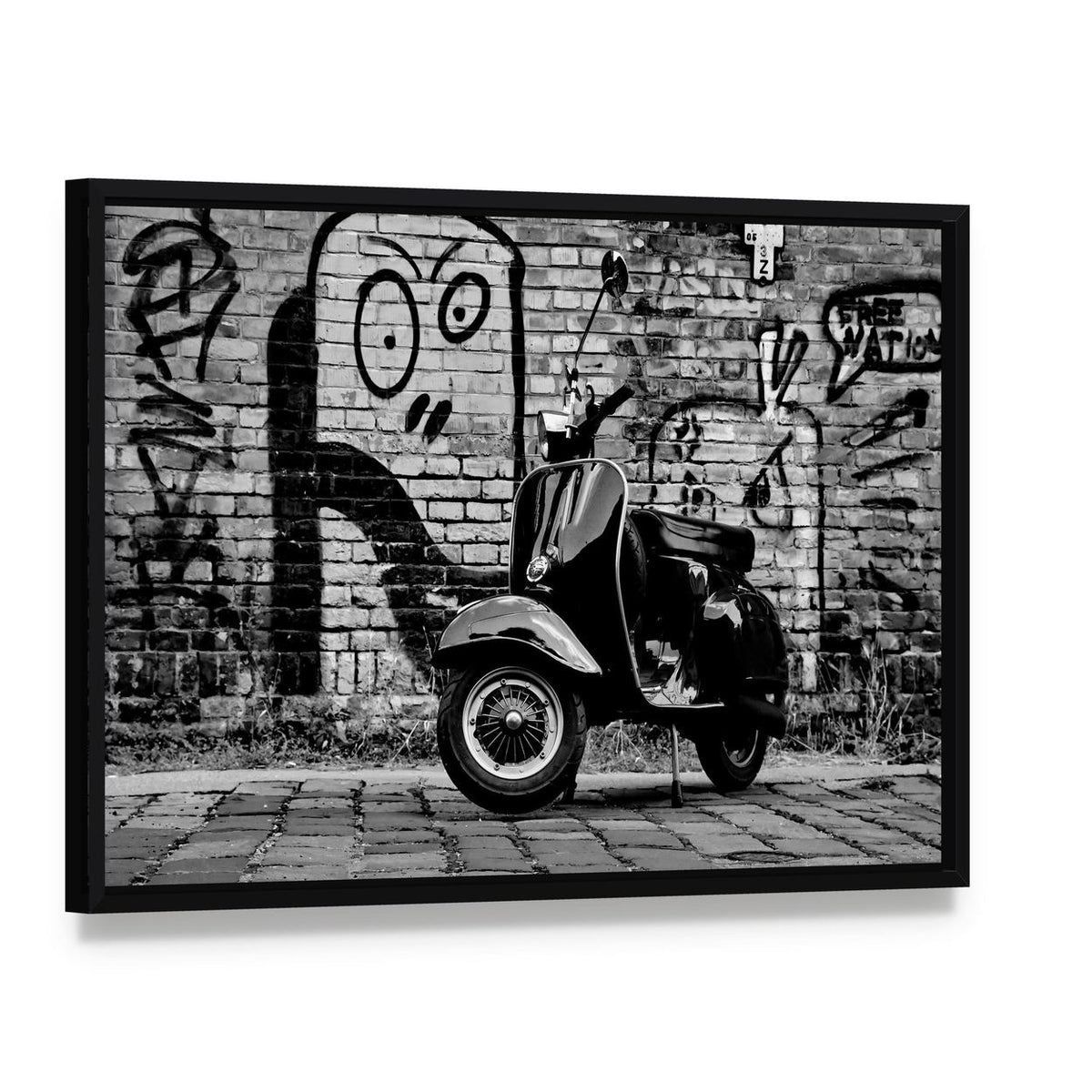 Scooter in Front of a Wall Canvas Wall Art, framed canvas in a black floater frame, angled product view