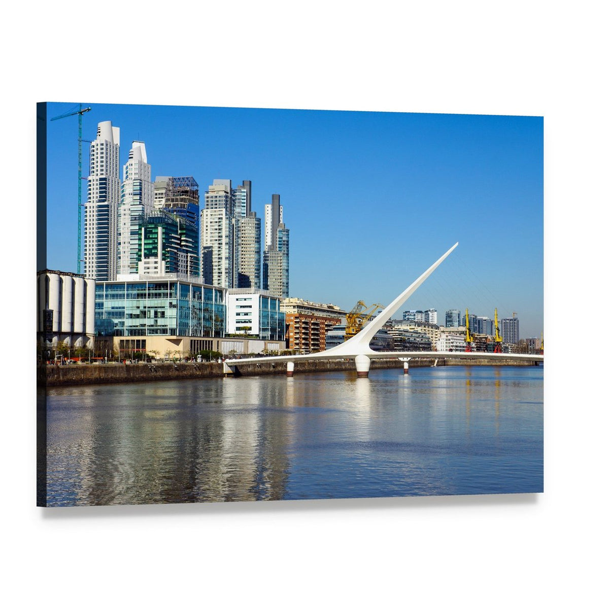 Puerto Madero Cityscape with Suspension Bridge Canvas Wall Art, single panel gallery wrapped canvas, angled product view