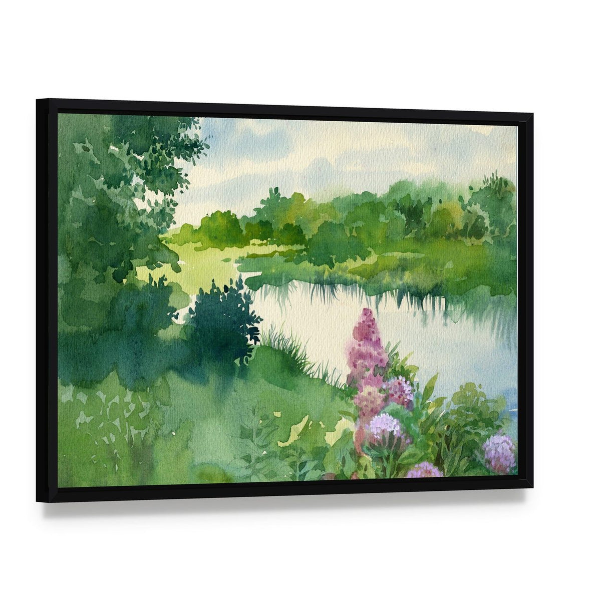 Watercolor Landscape Near the River Canvas Wall Art, framed canvas in a black floater frame, angled product view