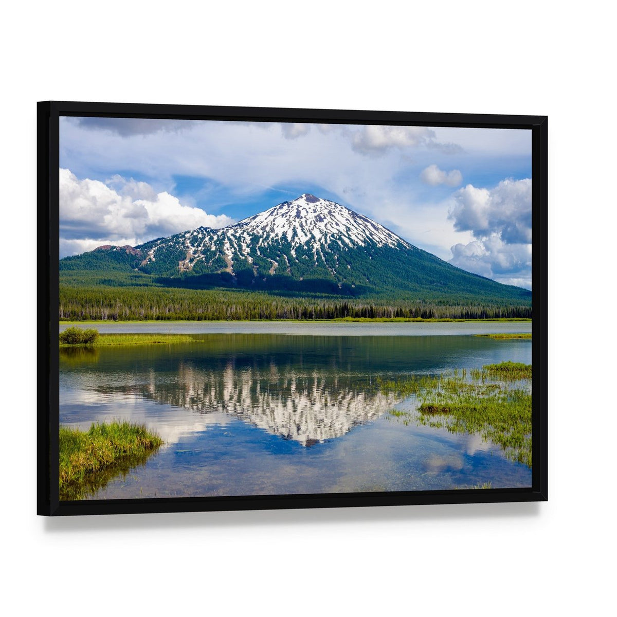Mount Bachelor Reflected in Lake Canvas Wall Art, framed canvas in a black floater frame, angled product view