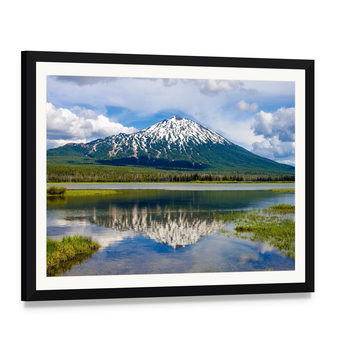 Mount Bachelor Reflected in Lake Canvas Wall Art, framed print with white mat and black frame, angled product view