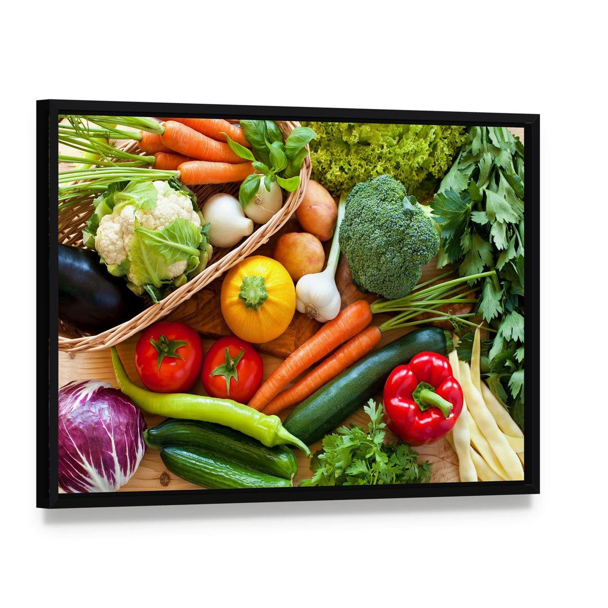 Raw Vegetables Canvas Wall Art, framed canvas in a black floater frame, angled product view