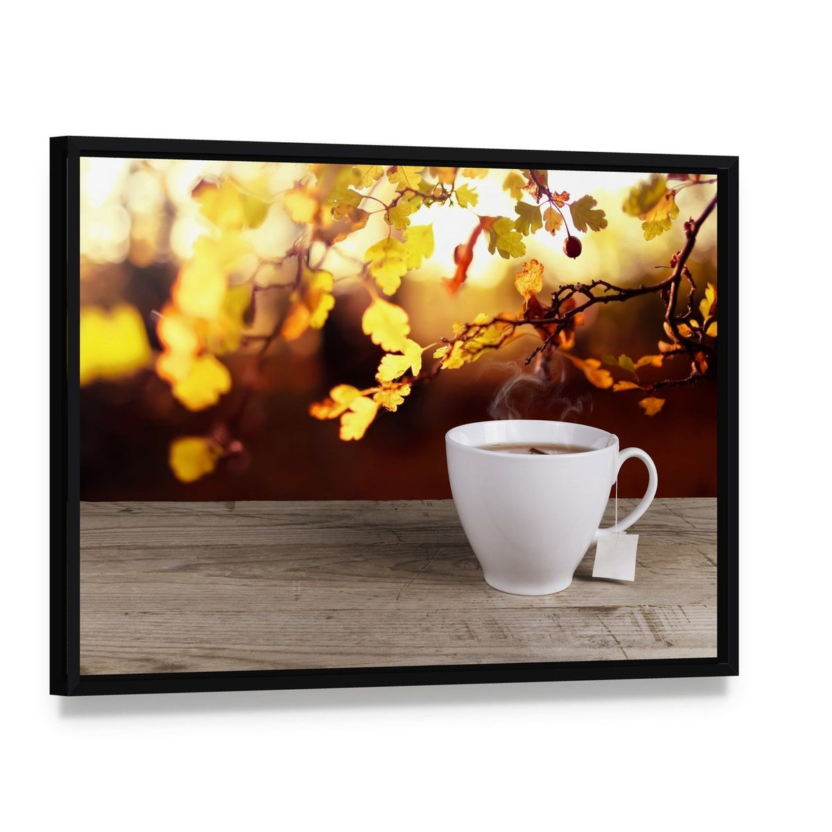 Cup of Tea Canvas Wall Art, framed canvas in a black floater frame, angled product view