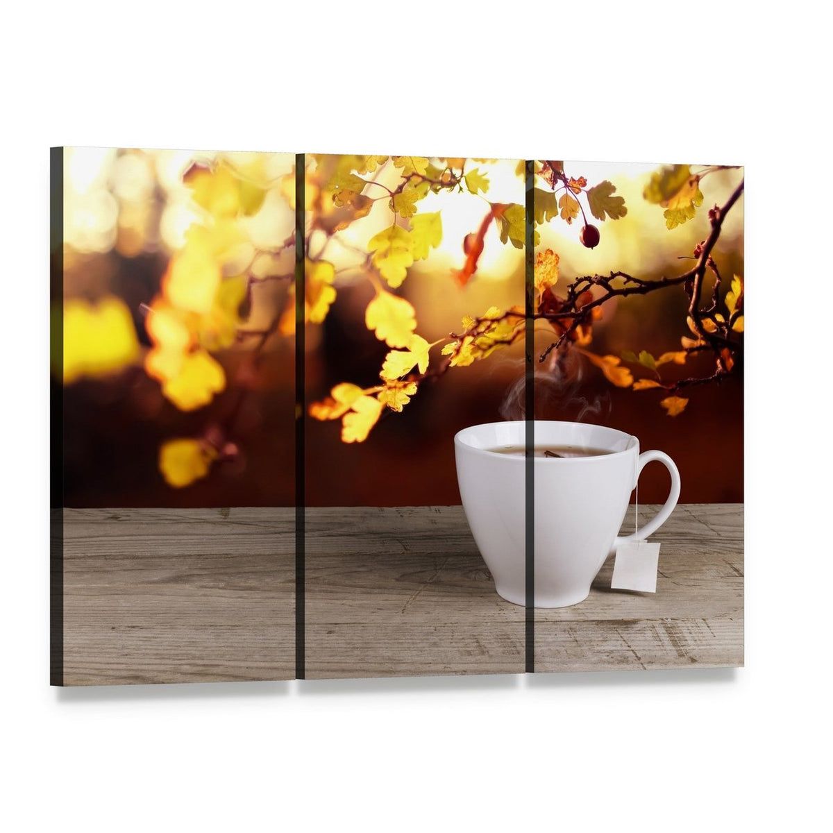 Cup of Tea Canvas Wall Art, 3 panel 3 Horizontal layout gallery wrapped canvas set, angled product view