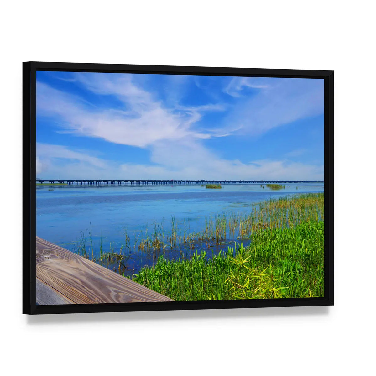 Meaher State Park Causeway Bridge Over Mobile Bay Canvas Wall Art, framed canvas in a black floater frame, angled product view