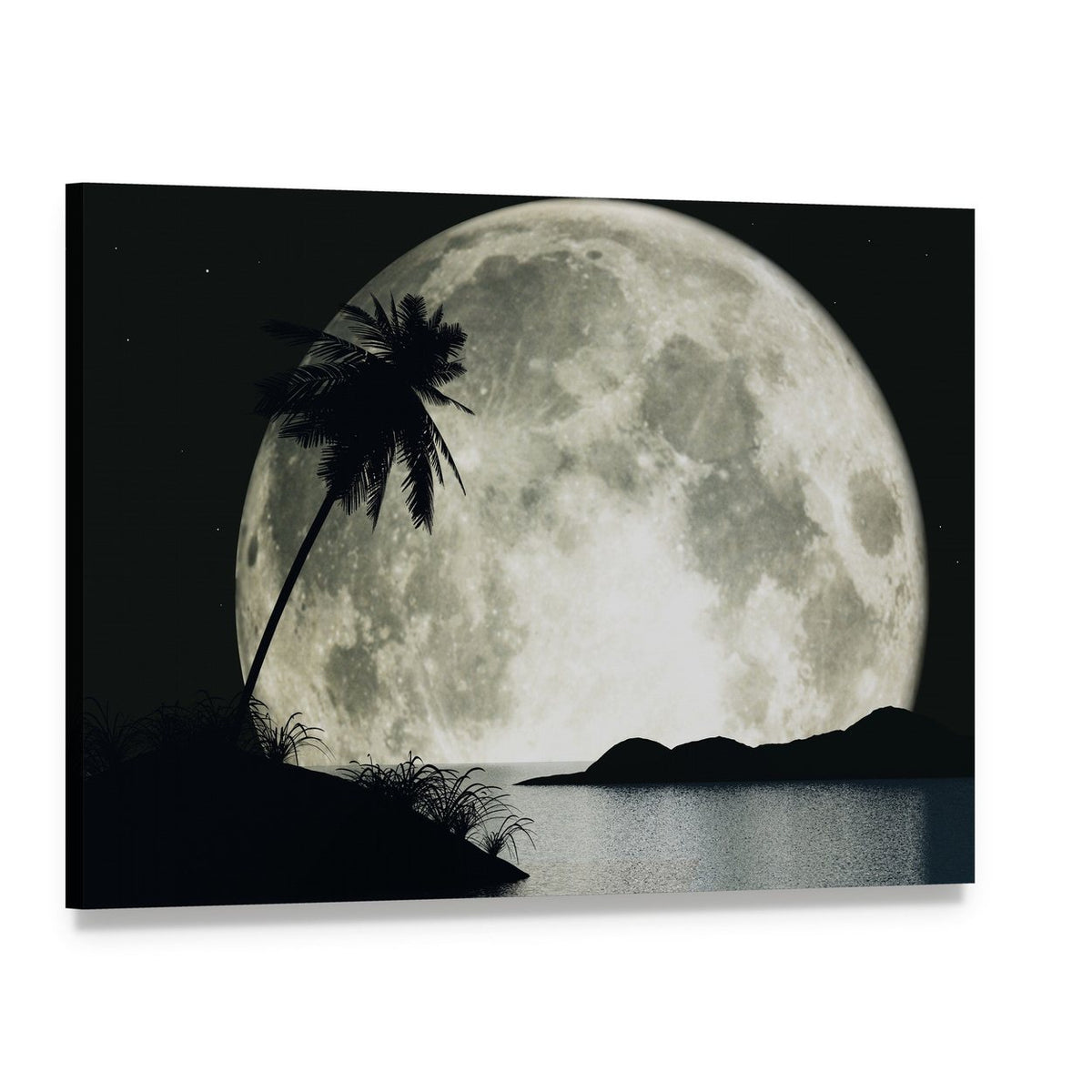 Moon Island with Palm Canvas Wall Art, single panel gallery wrapped canvas, angled product view