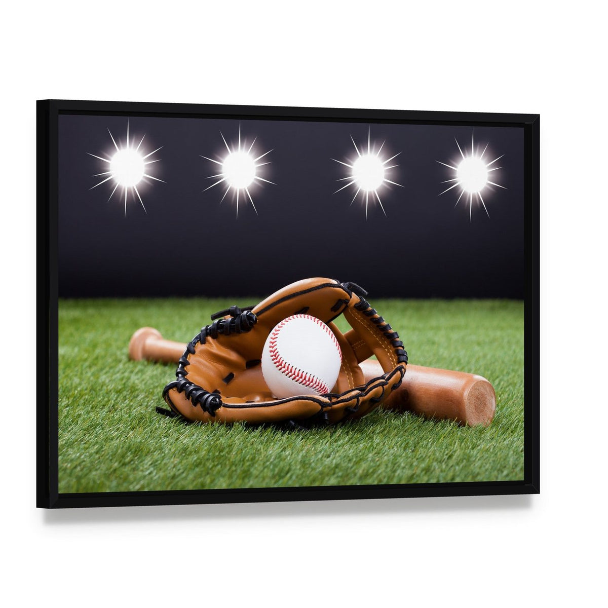 Baseball Equipment Canvas Wall Art, framed canvas in a black floater frame, angled product view
