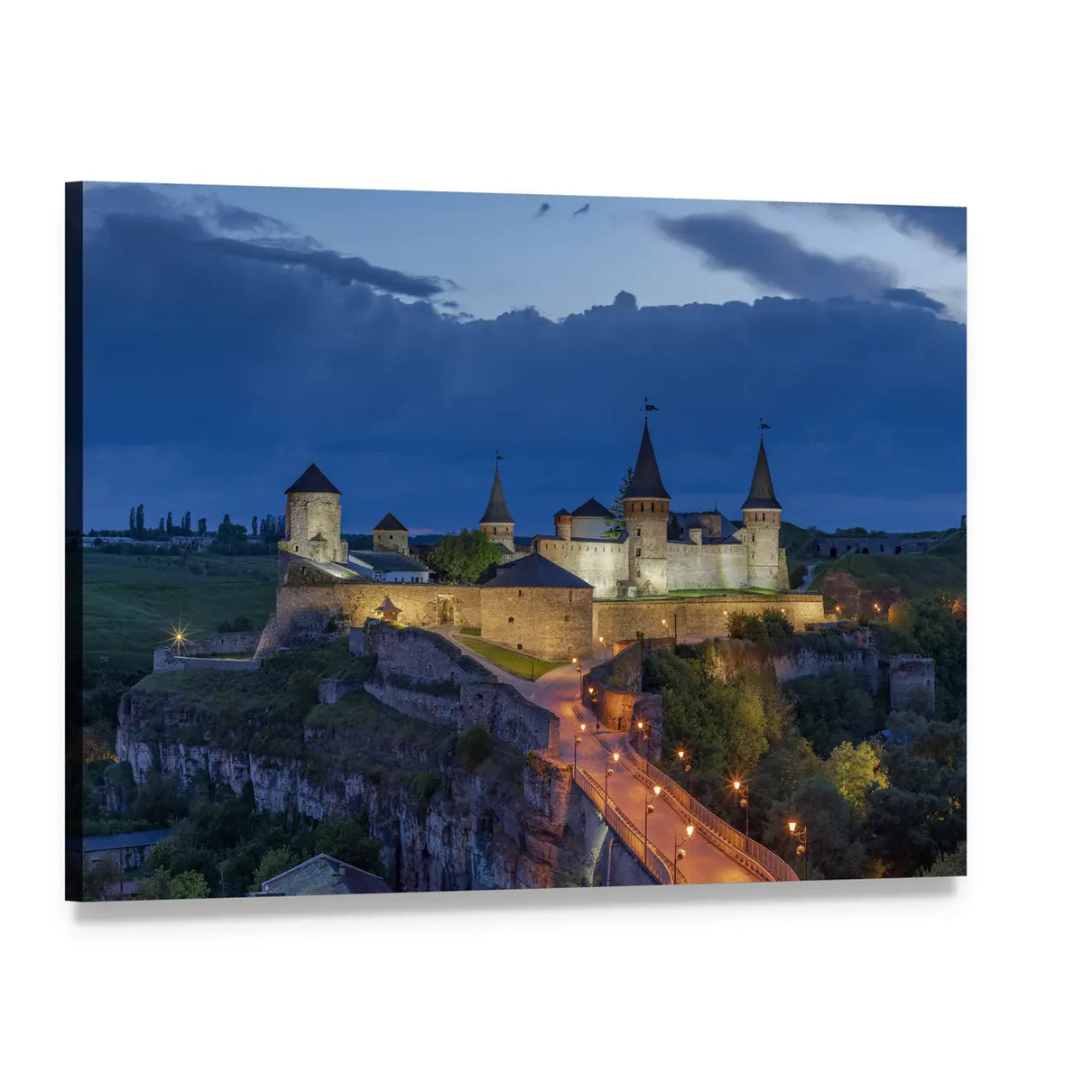Kamianets Podilskyi Castle At Dusk In Ukraine Canvas Wall Art, single panel gallery wrapped canvas, angled product view