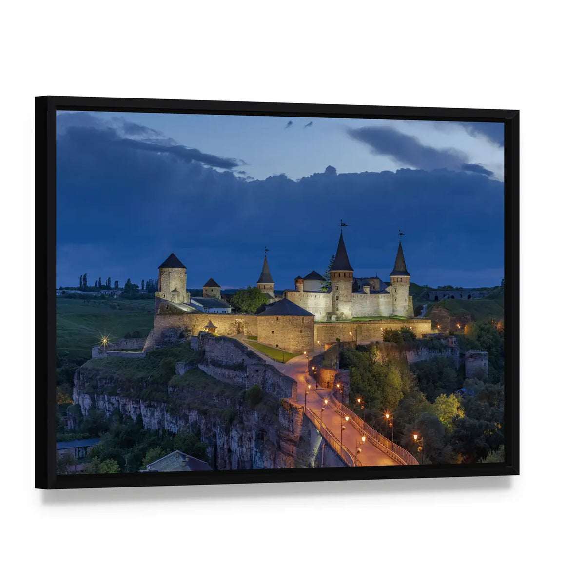 Kamianets Podilskyi Castle At Dusk In Ukraine Canvas Wall Art, framed canvas in a black floater frame, angled product view