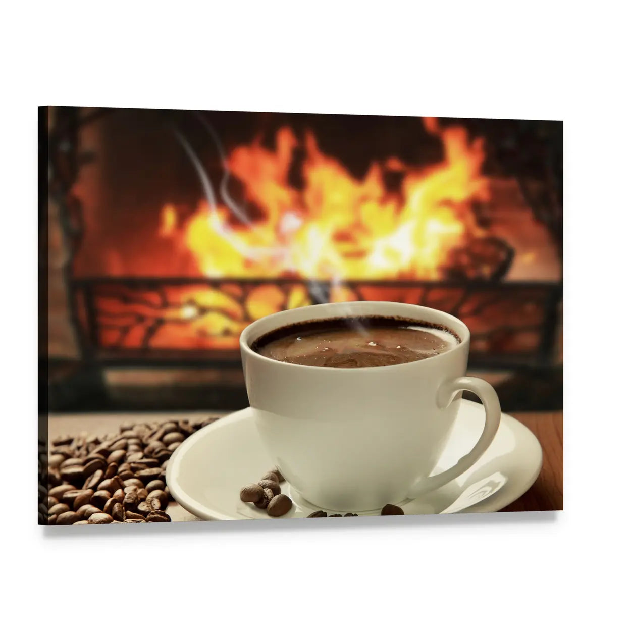 Steaming Coffee by Fireplace Canvas Wall Art, single panel gallery wrapped canvas, angled product view