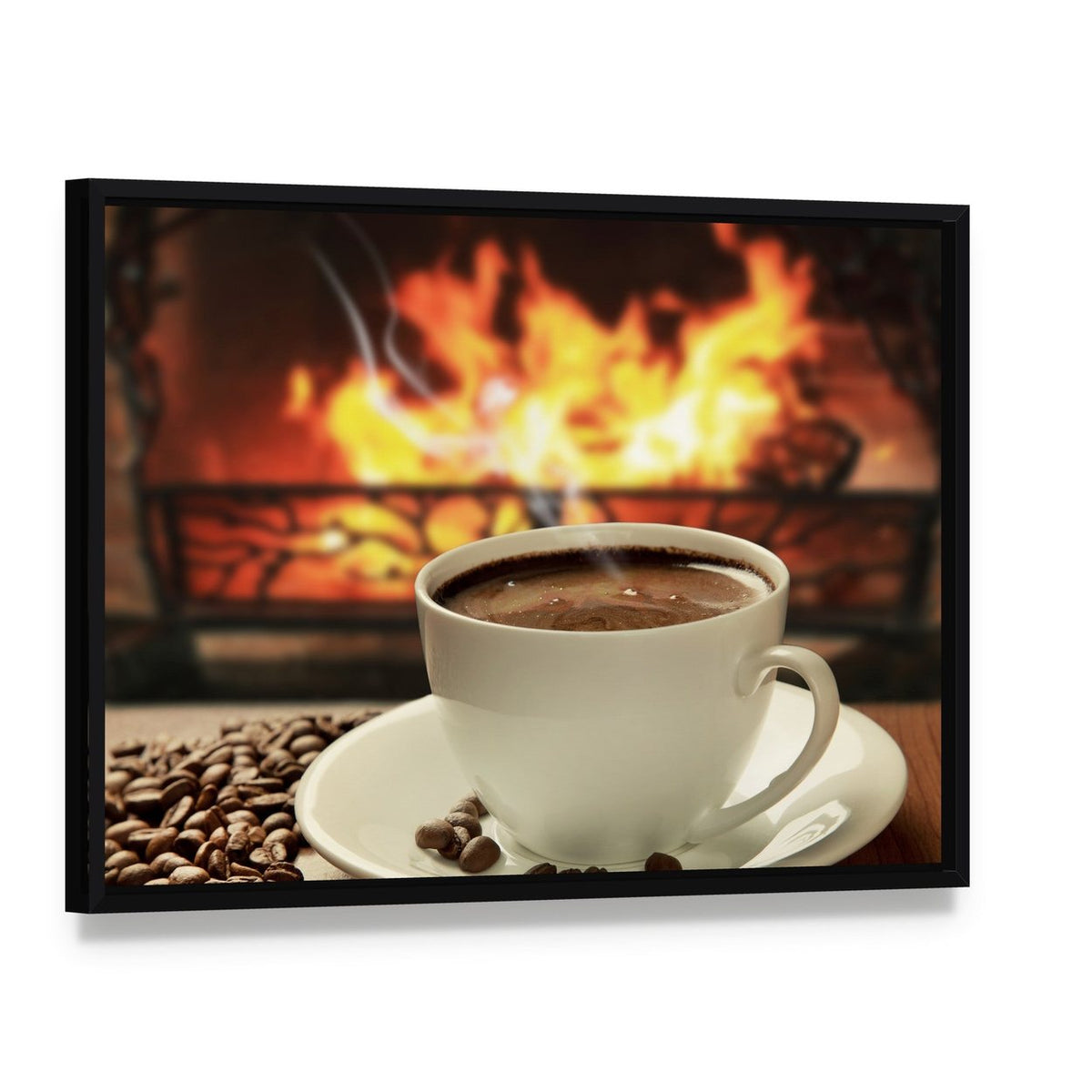 Hot Coffee Near Fireplace Canvas Wall Art, framed canvas in a black floater frame, angled product view