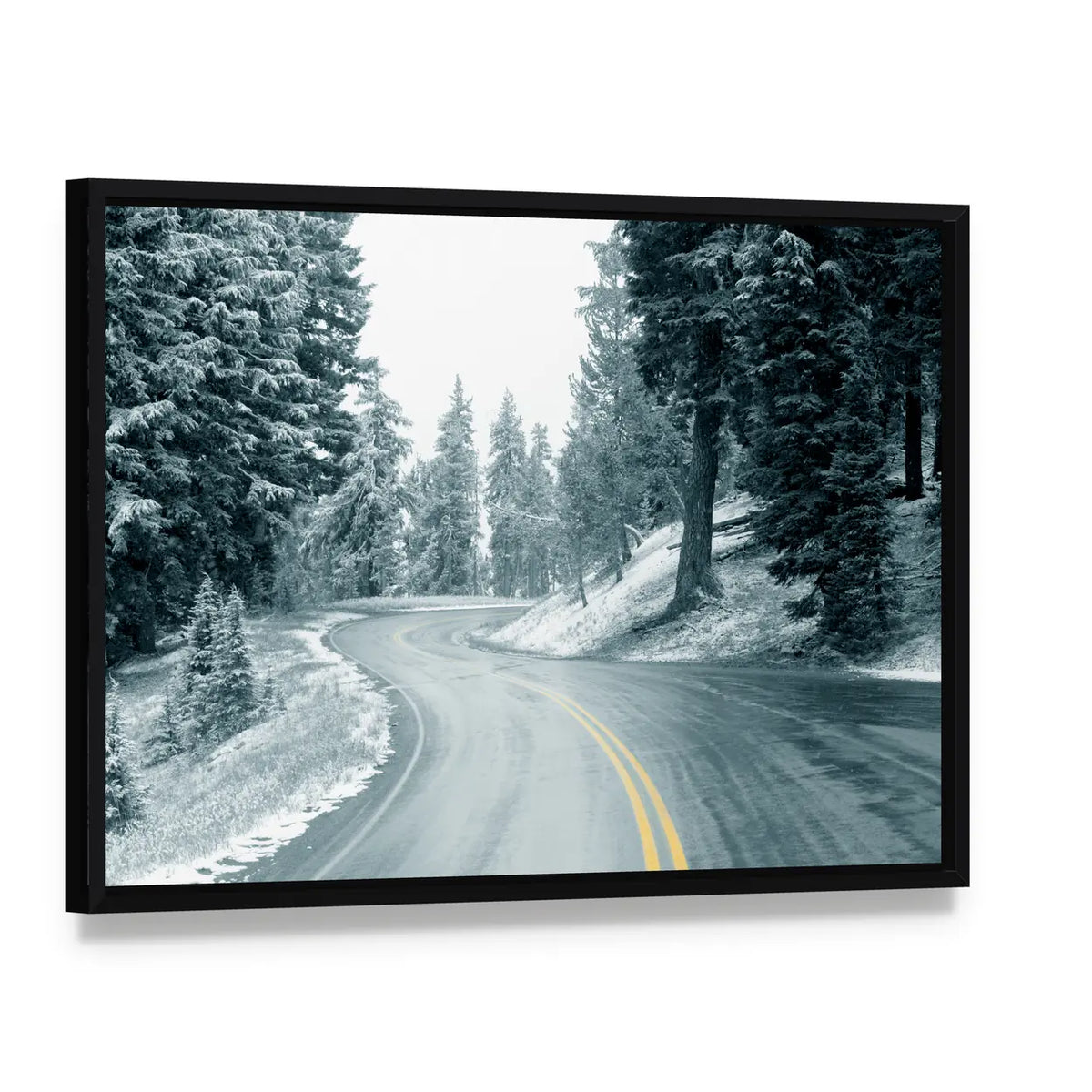 Snow On Mountain Highway In Oregon Canvas Wall Art, framed canvas in a black floater frame, angled product view