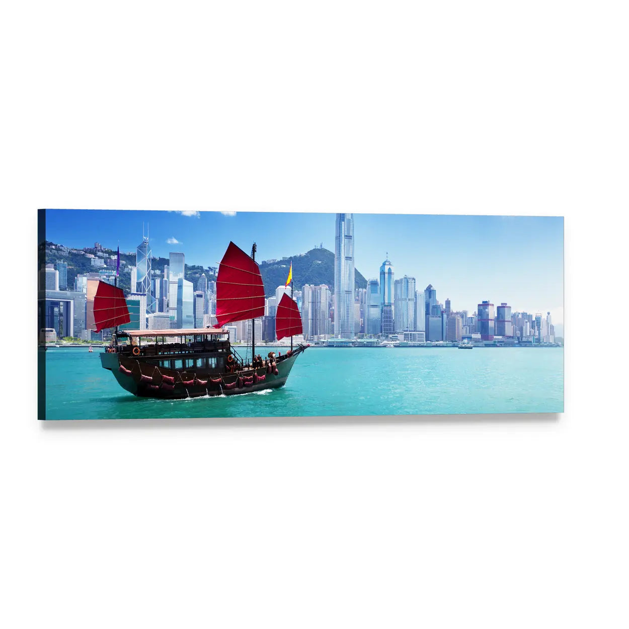 Hong Kong Harbour Red-sailed Junk Boat Panoramic Canvas Wall Art, single panel gallery wrapped canvas, angled product view