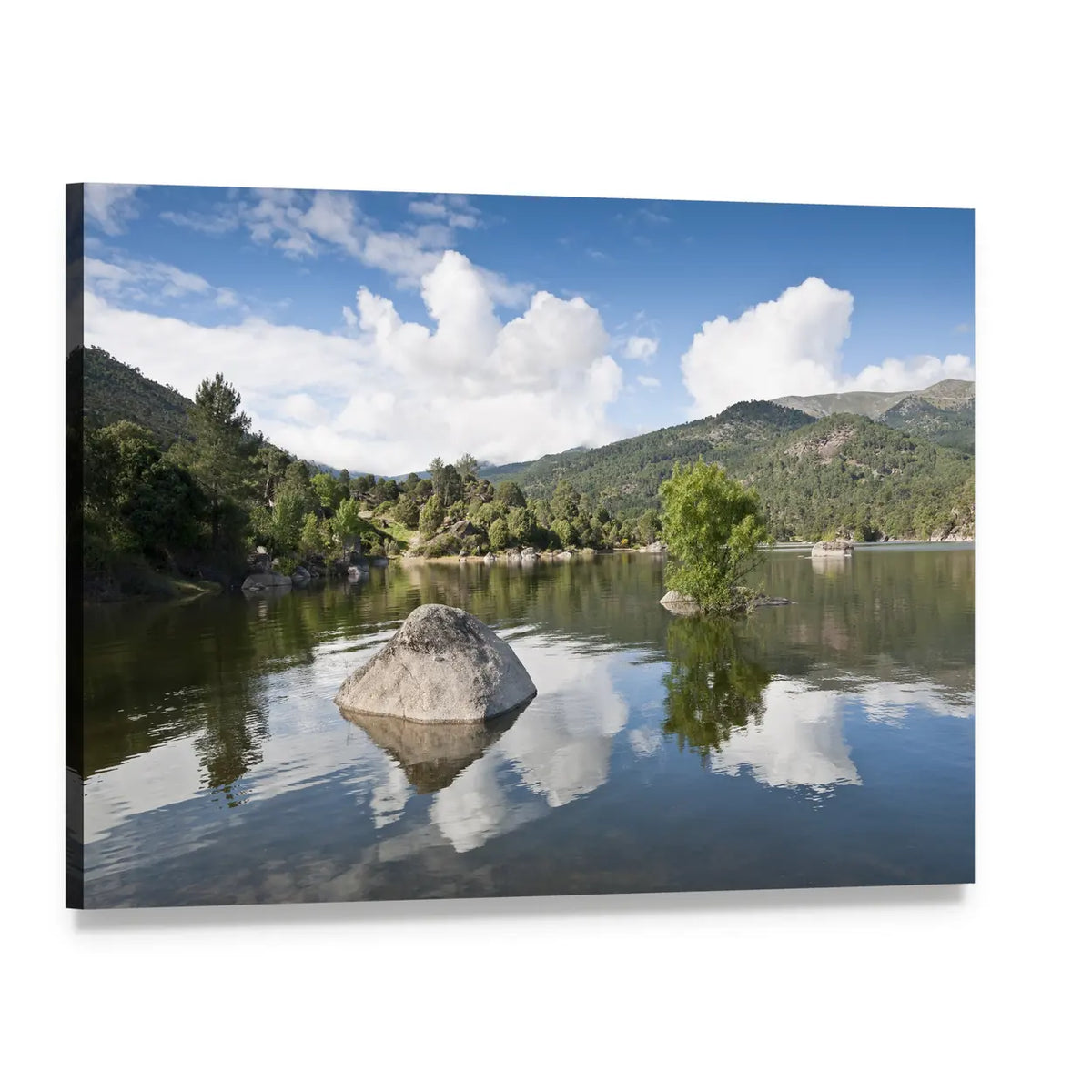 Rock in Lake with Mountain Reflections Canvas Wall Art, single panel gallery wrapped canvas, angled product view