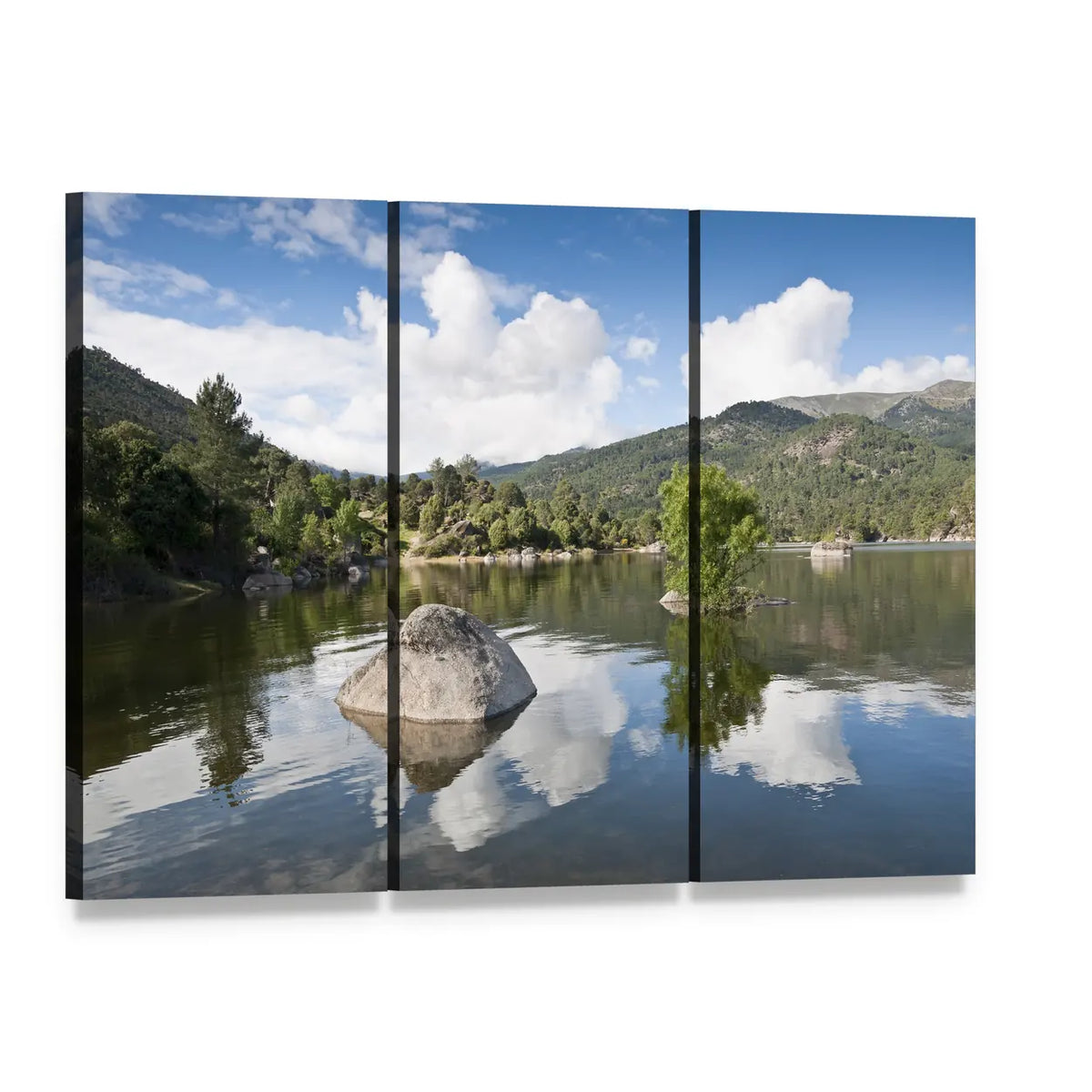 Rock in Lake with Mountain Reflections Canvas Wall Art, 3 panel 3 Horizontal layout gallery wrapped canvas set, angled product view