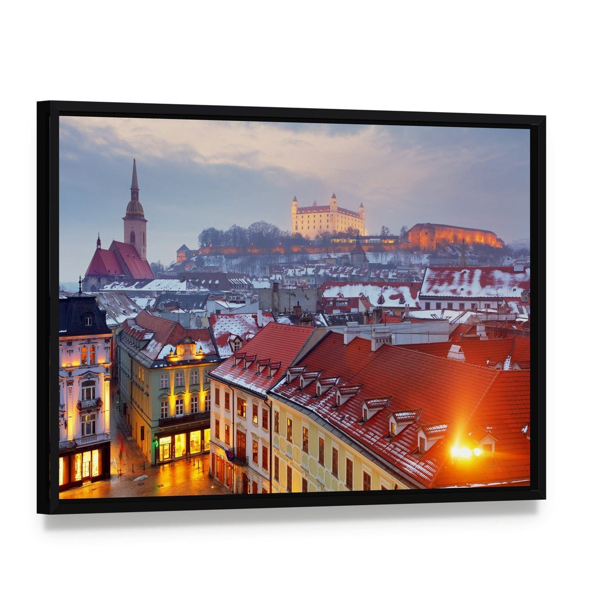 Bratislava Castle Over Snowy Old Town Canvas Wall Art, framed canvas in a black floater frame, angled product view