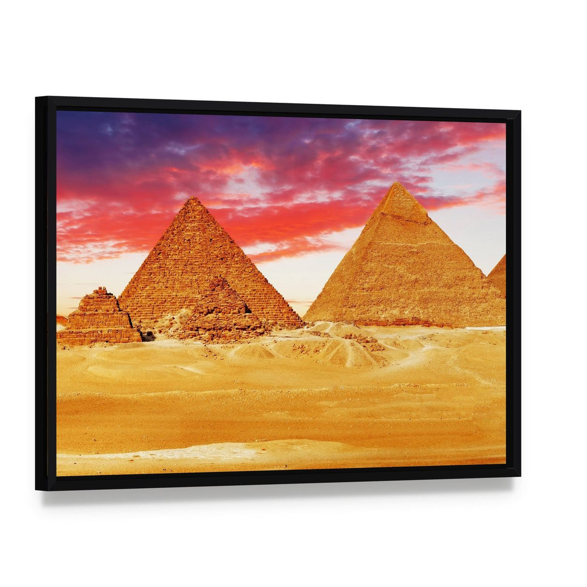 Egyptian Pyramids Canvas Wall Art, framed canvas in a black floater frame, angled product view