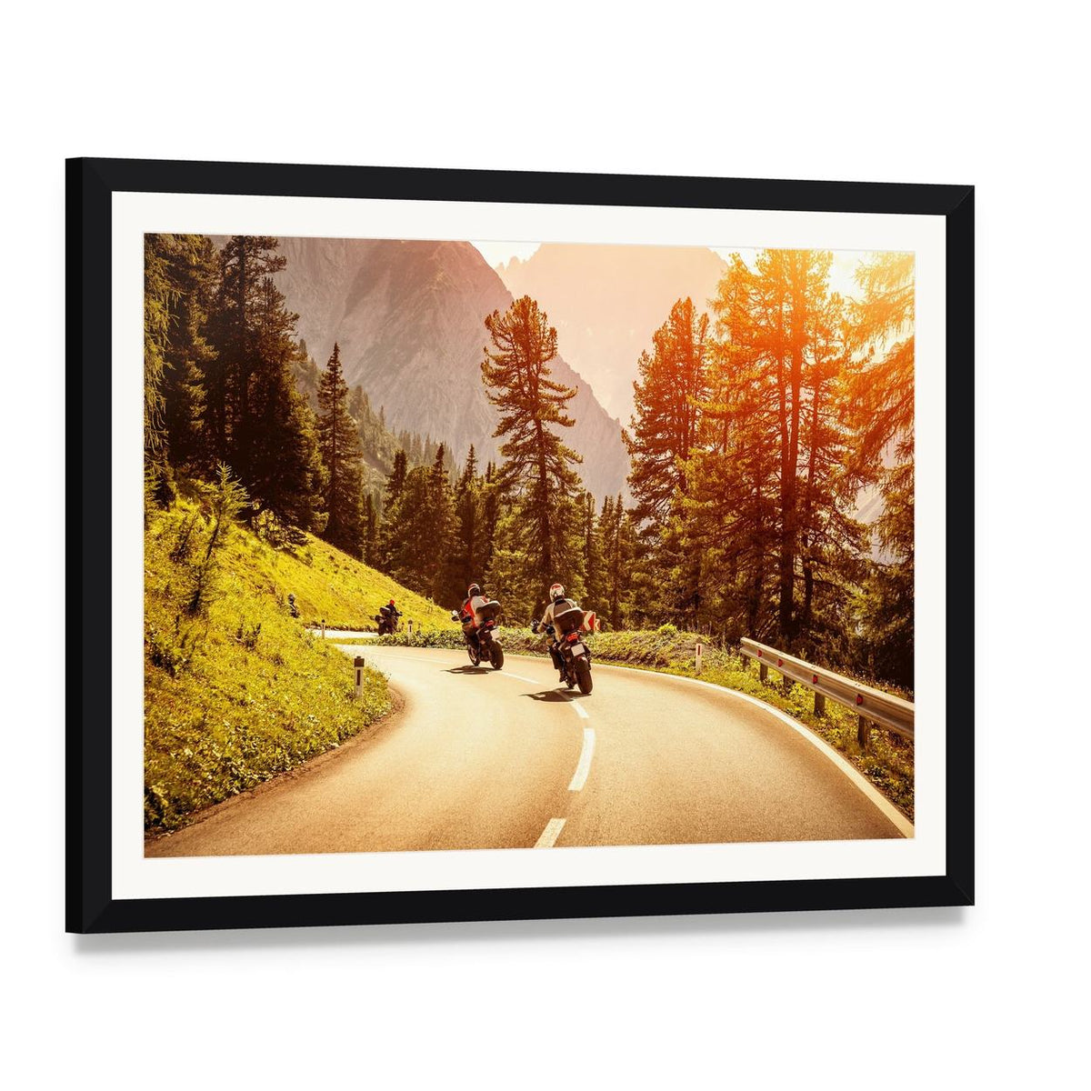 Motorcyclists Riding on a Scenic Road Canvas Wall Art, framed print with white mat and black frame, angled product view