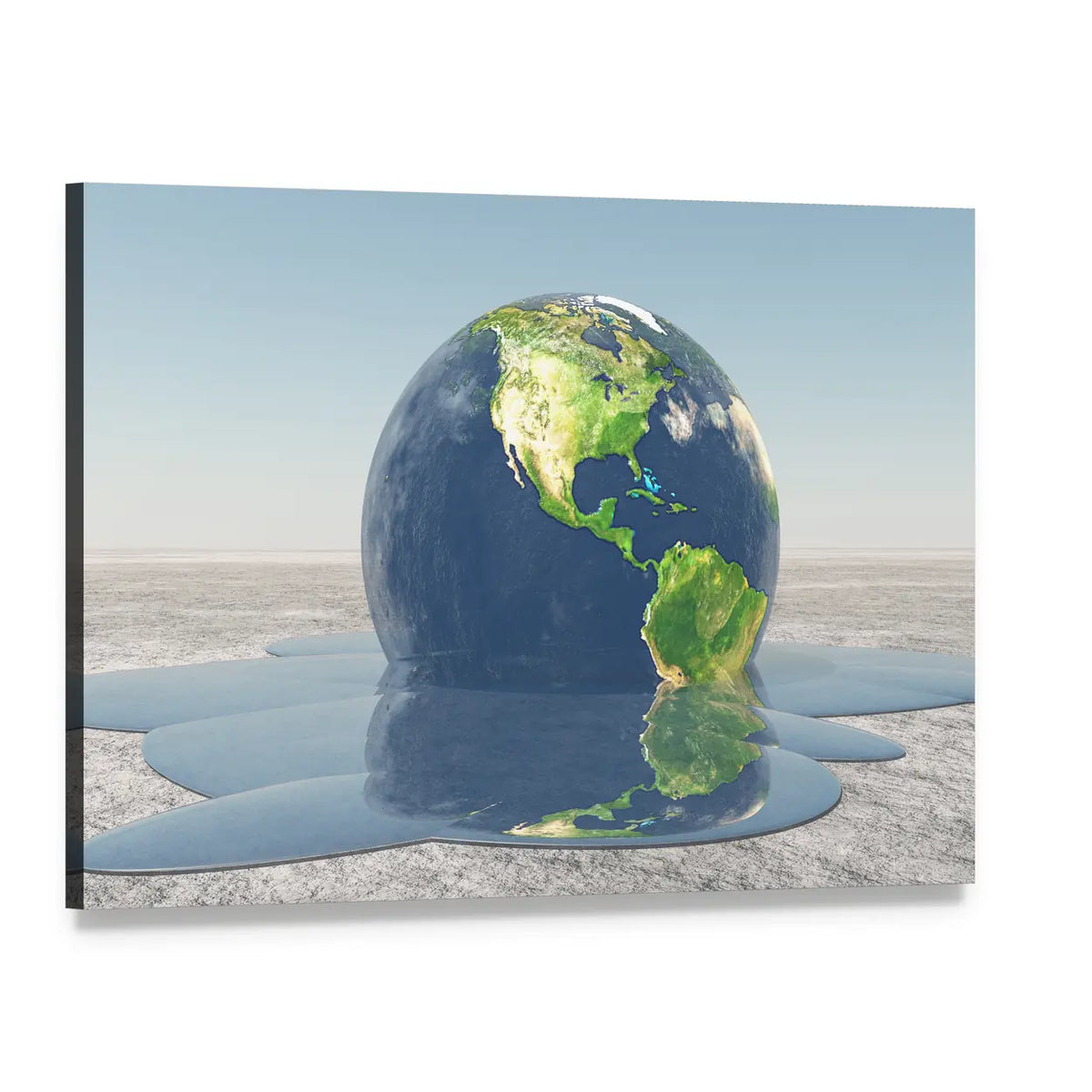 Melting Earth Reflecting in Blue Water Canvas Wall Art, single panel gallery wrapped canvas, angled product view