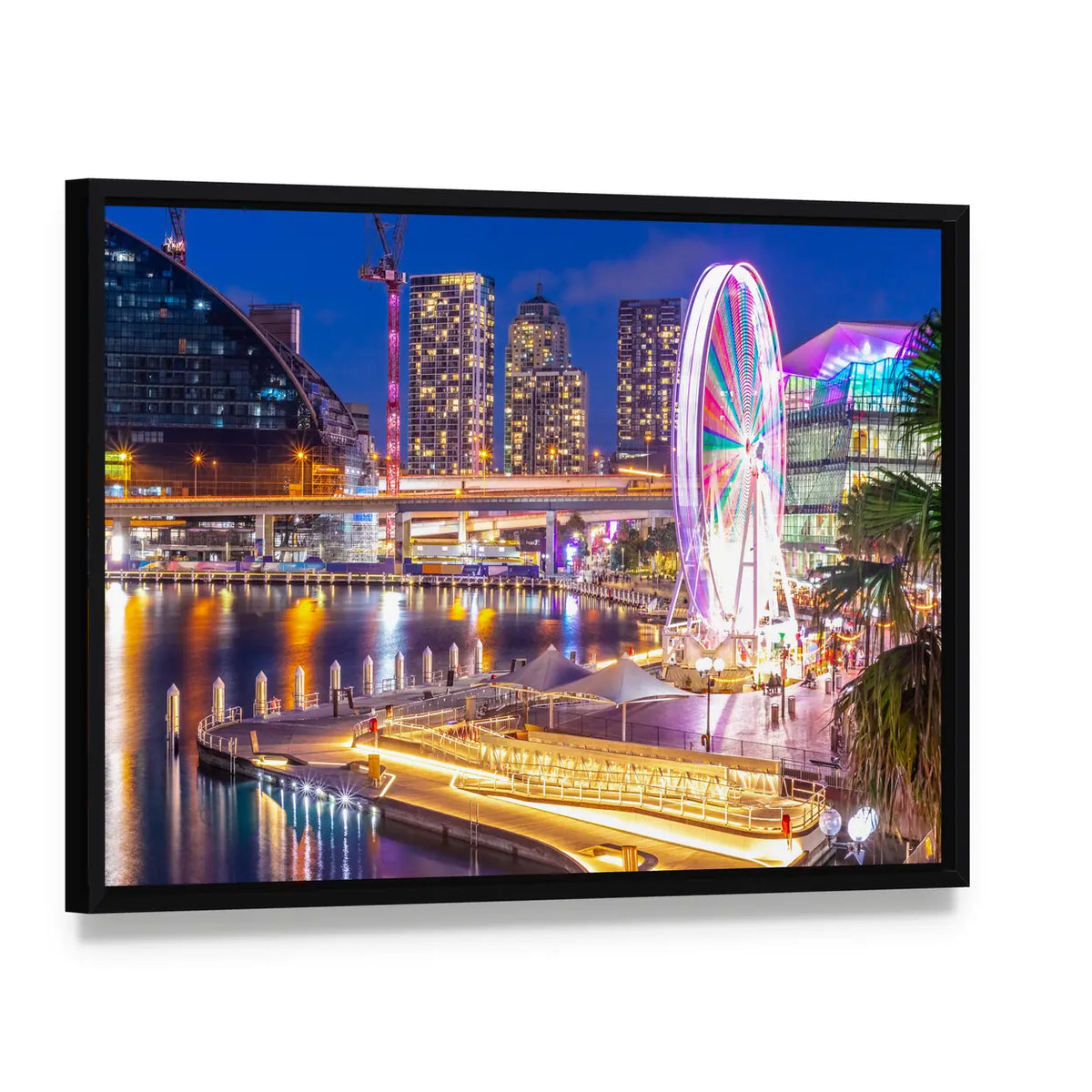 Sydney Harbour Skyline Canvas Wall Art, framed canvas in a black floater frame, angled product view