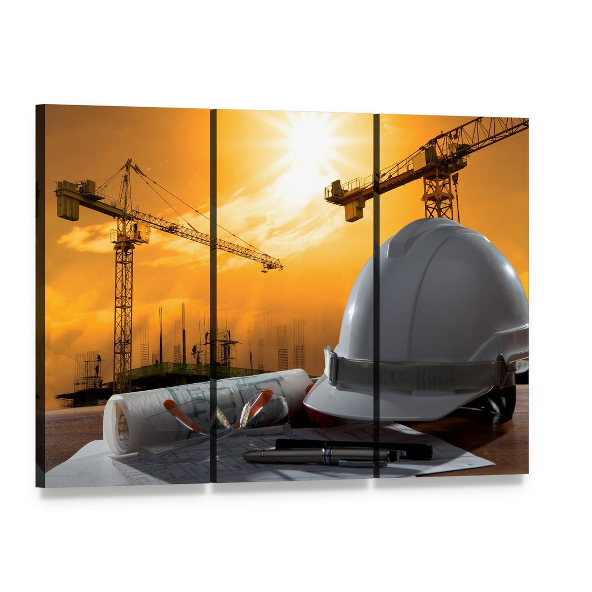 White Hard Hat with Blueprints Canvas Wall Art, 3 panel 3 Horizontal layout gallery wrapped canvas set, angled product view