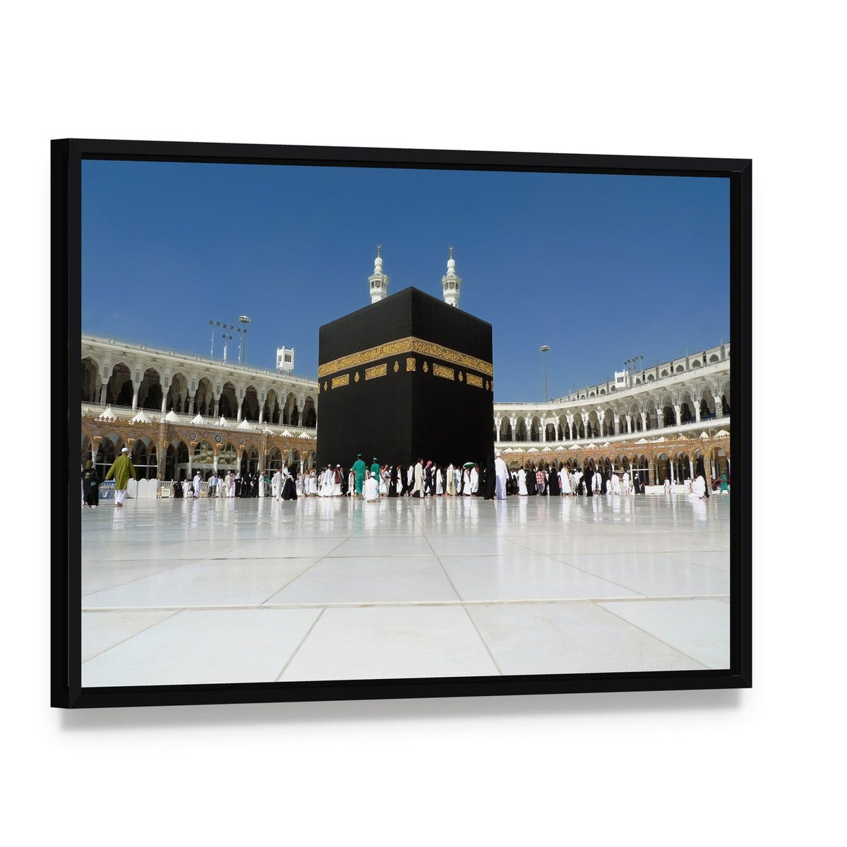 Kaaba at Masjid Al-haram Canvas Wall Art, framed canvas in a black floater frame, angled product view