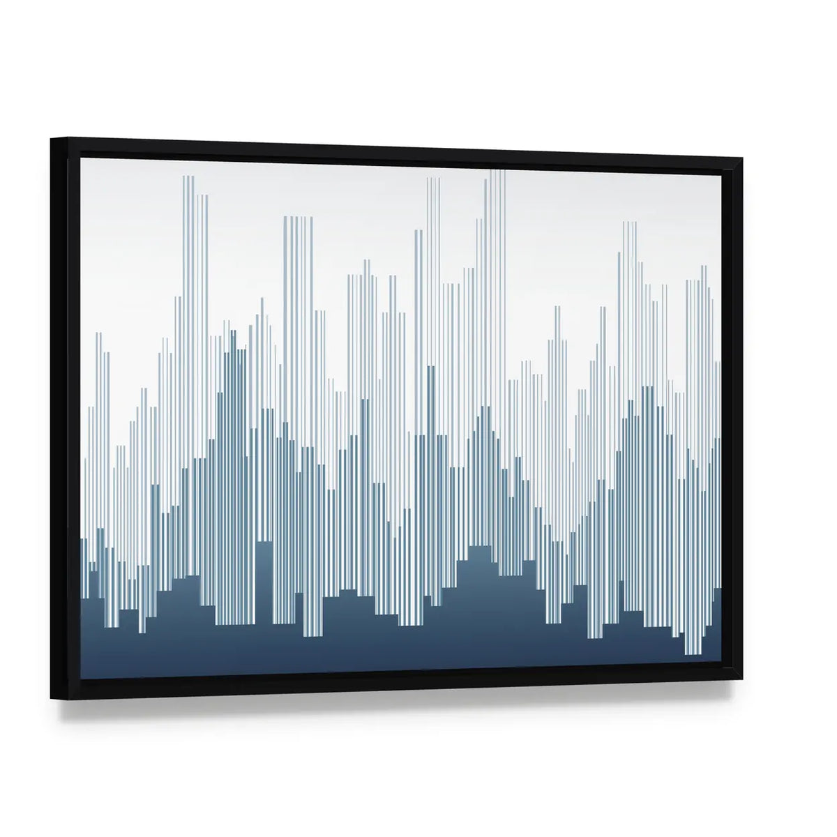 Minimalist City Skyline in Navy and White Canvas Wall Art, framed canvas in a black floater frame, angled product view