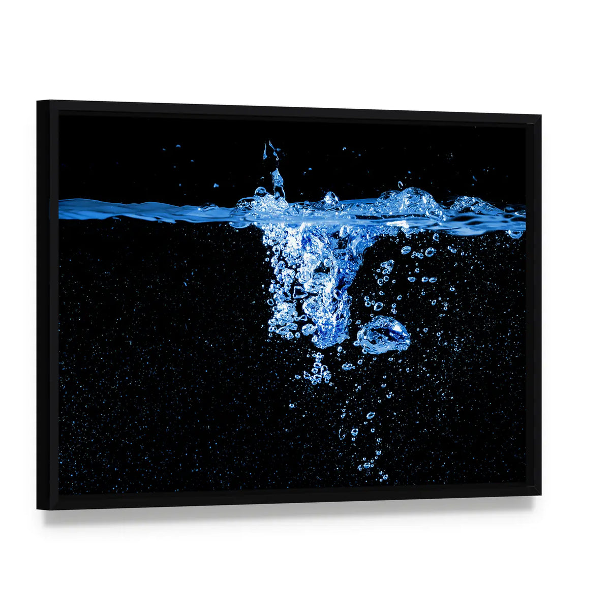 Dark Water Splash with Bubbles Canvas Wall Art, framed canvas in a black floater frame, angled product view