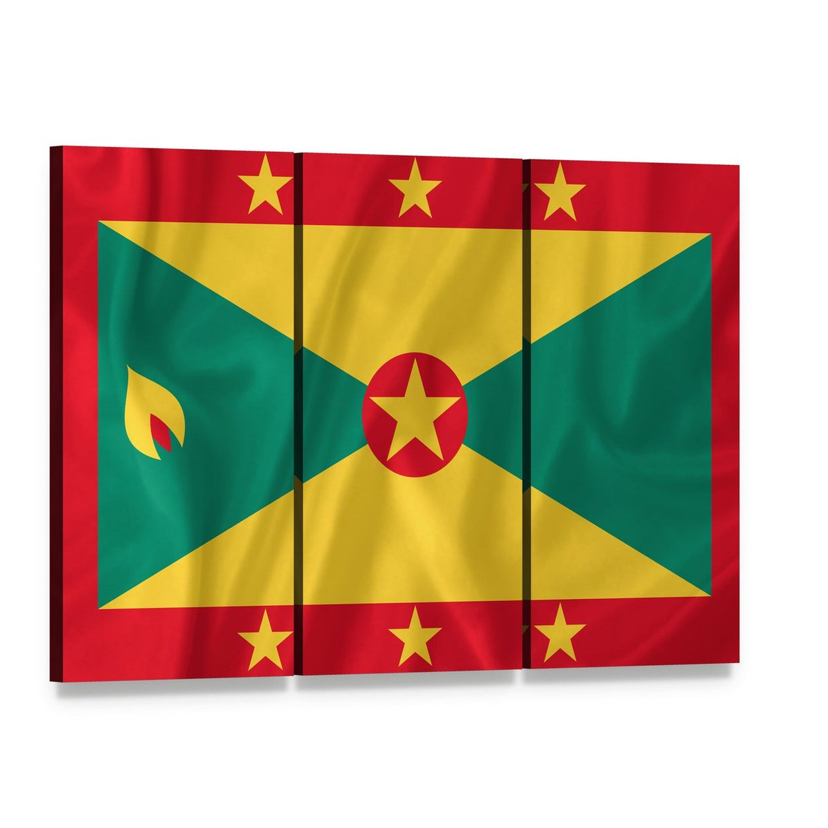 Waving Grenada Flag Canvas Wall Art, 3 panel 3 Horizontal layout gallery wrapped canvas set, angled product view
