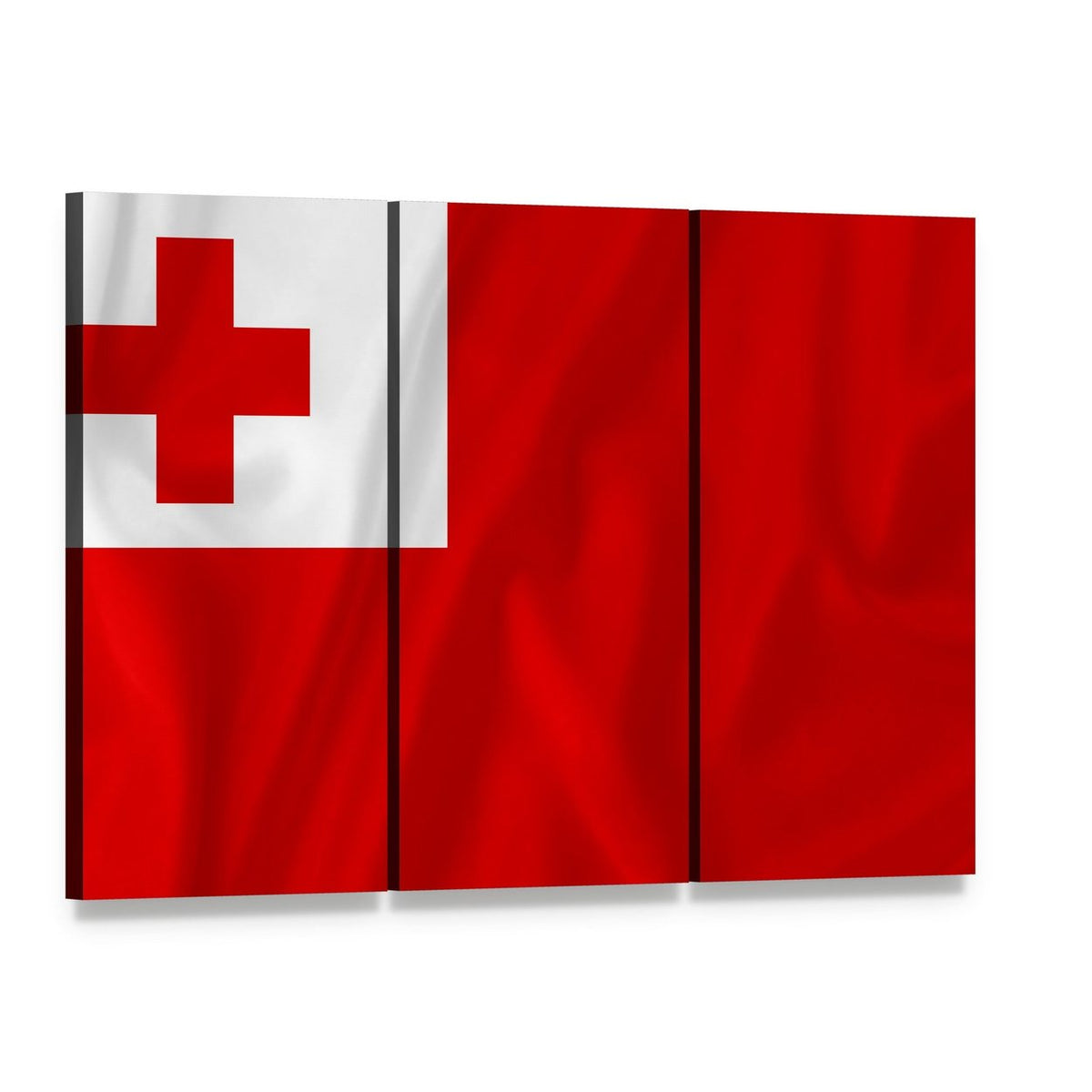 Waving Tonga Flag Canvas Wall Art, 3 panel 3 Horizontal layout gallery wrapped canvas set, angled product view