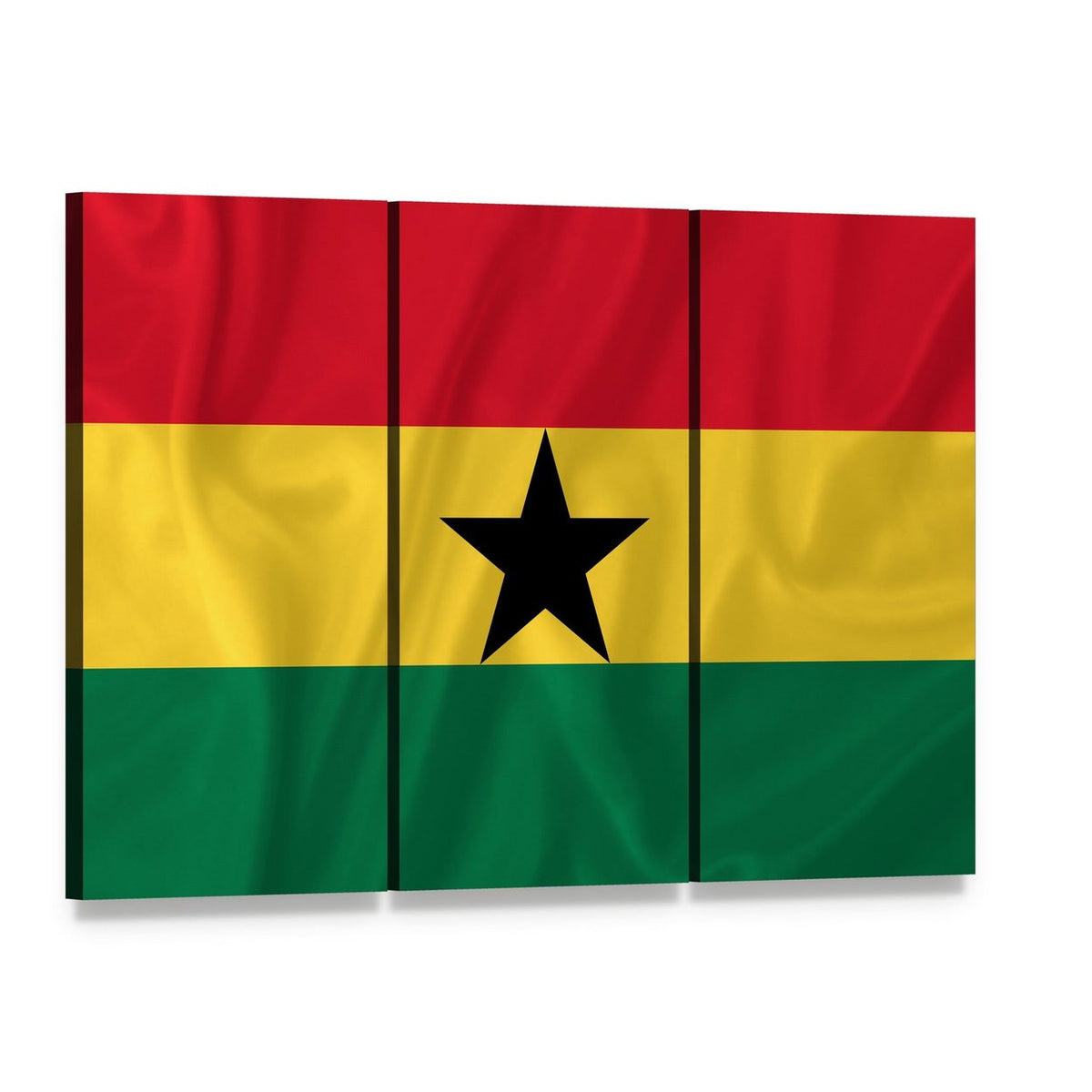 Waving Ghana Flag with Black Star Canvas Wall Art, 3 panel 3 Horizontal layout gallery wrapped canvas set, angled product view