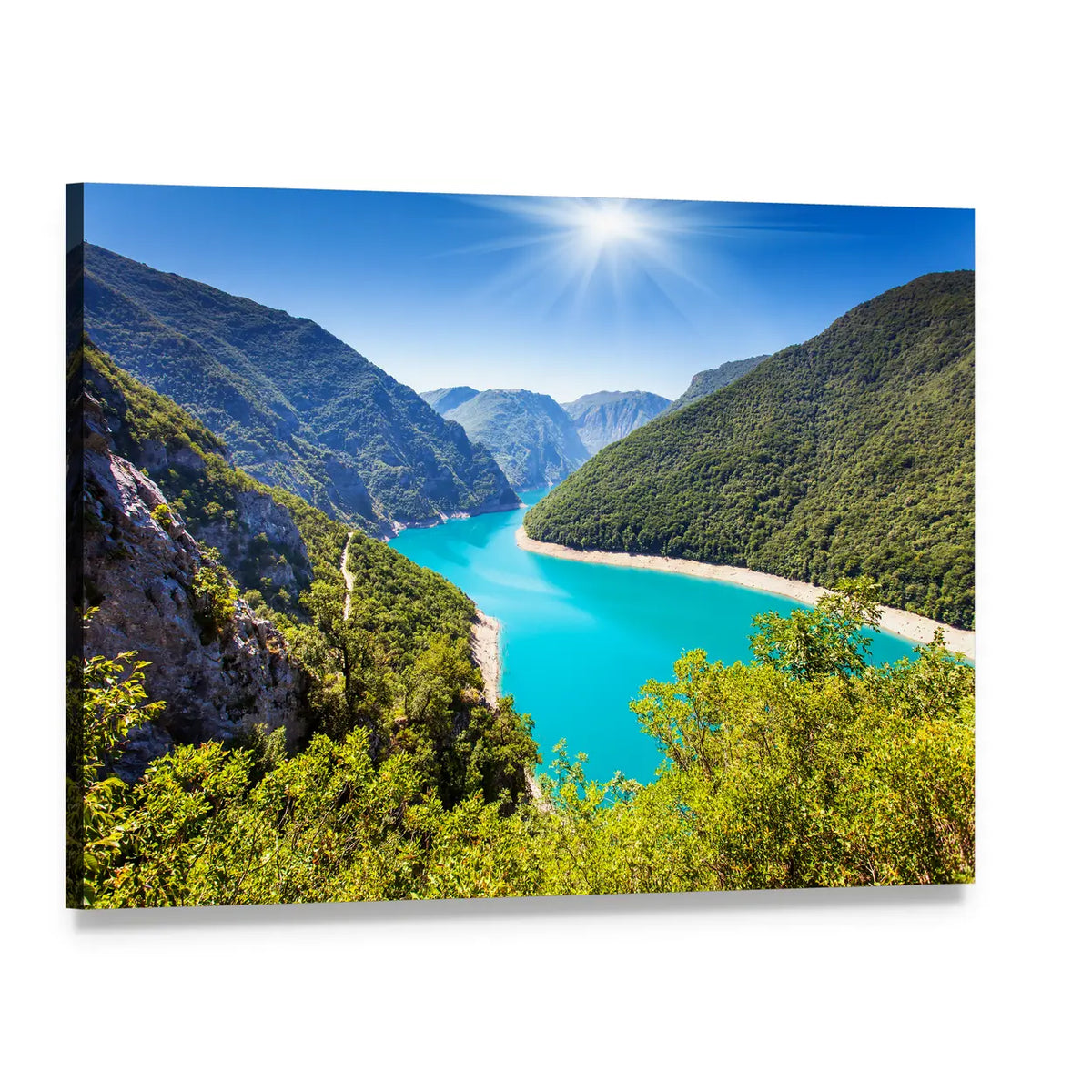 Piva Canyon Reservoir and Turquoise River Canvas Wall Art, single panel gallery wrapped canvas, angled product view