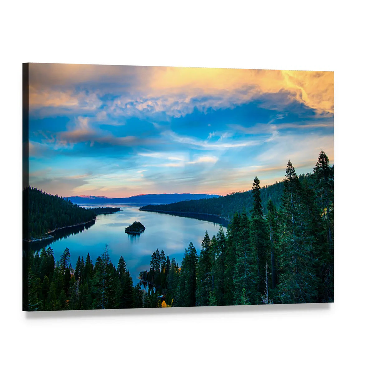 Lake Tahoe at Dusk with Lone Island Canvas Wall Art, single panel gallery wrapped canvas, angled product view