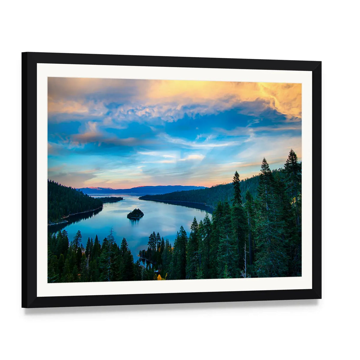 Lake Tahoe Sunset Over Island Canvas Wall Art, framed print with white mat and black frame, angled product view