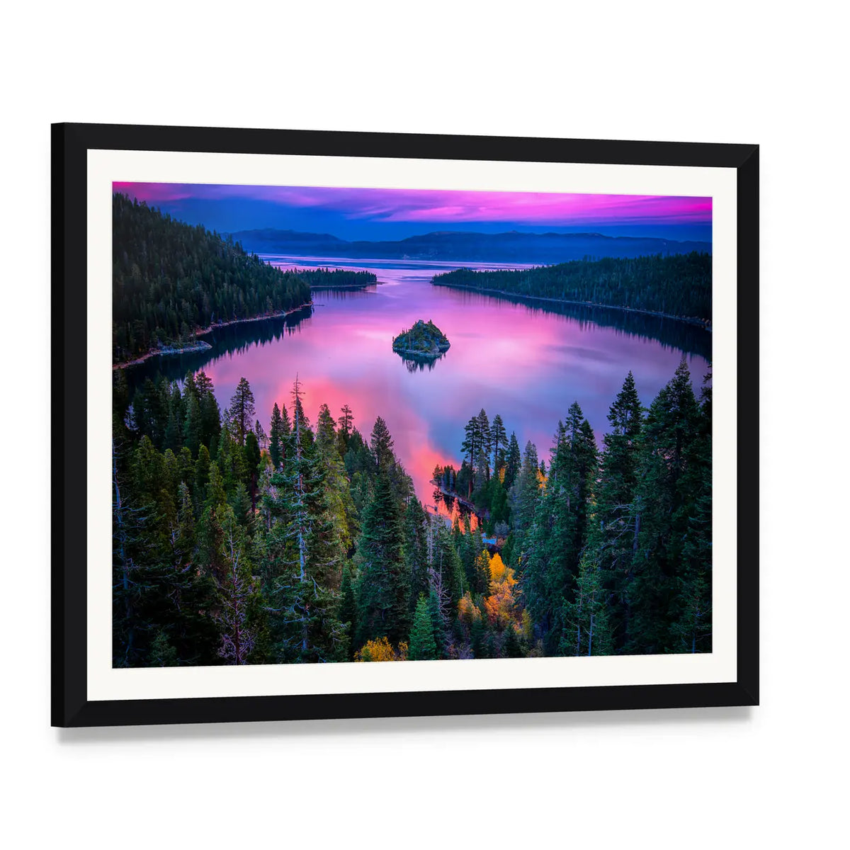 Lake Tahoe Sunset Reflection Over Island Canvas Wall Art, framed print with white mat and black frame, angled product view