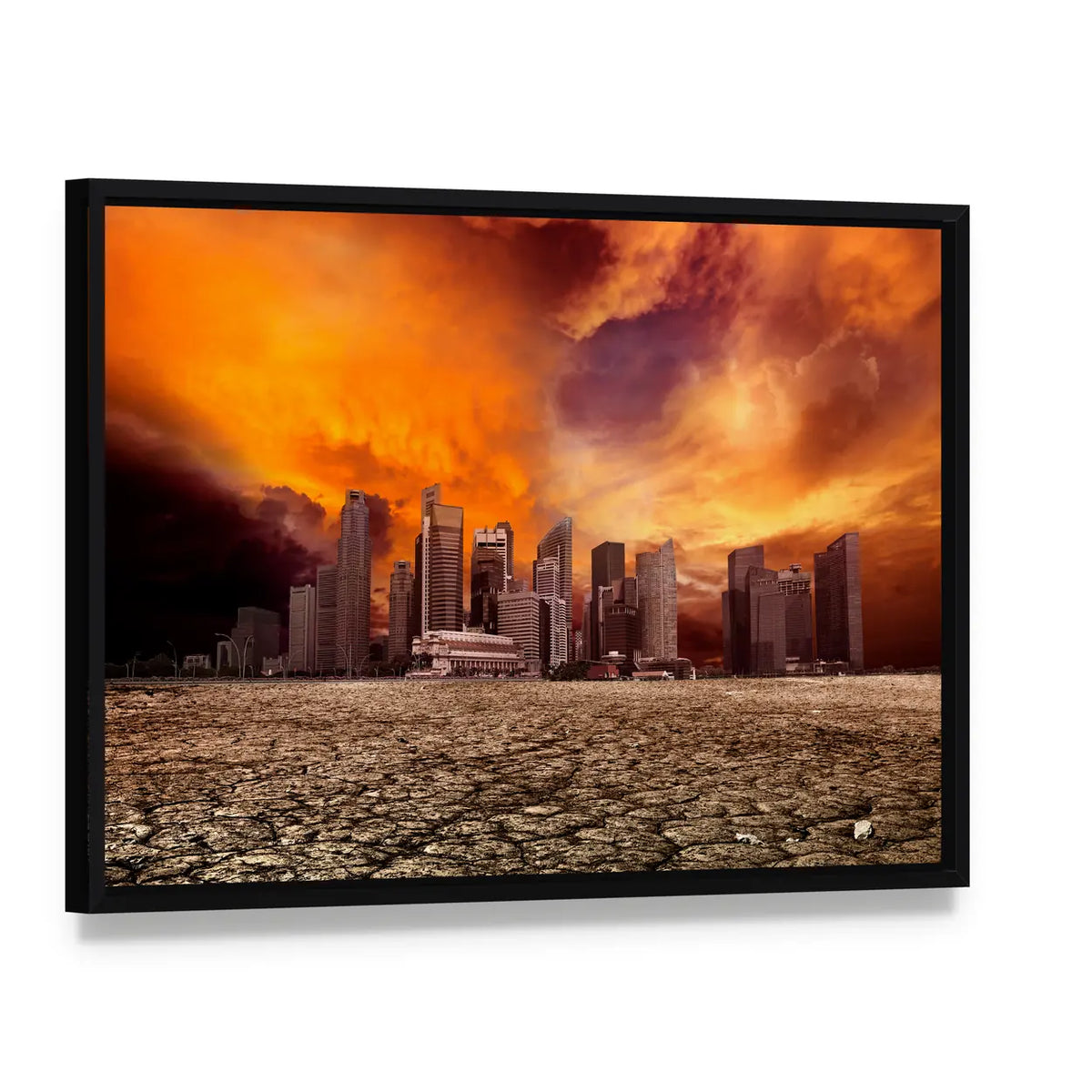 Apocalyptic City Skyline Over Cracked Earth Canvas Wall Art, framed canvas in a black floater frame, angled product view