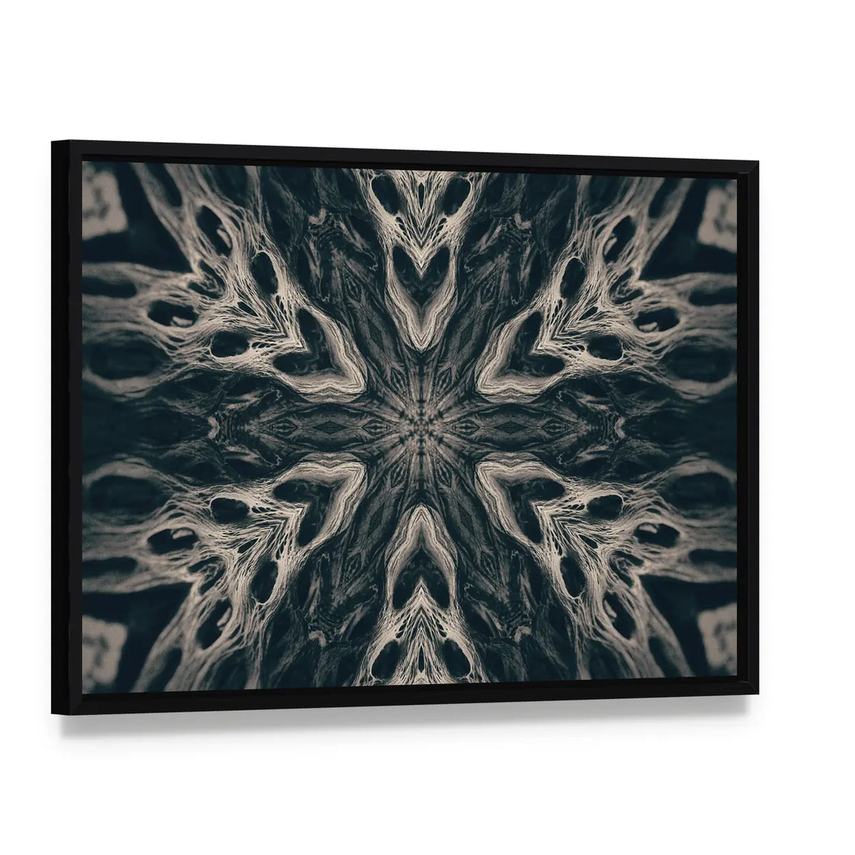 Gothic Demon Mandala Canvas Wall Art, framed canvas in a black floater frame, angled product view