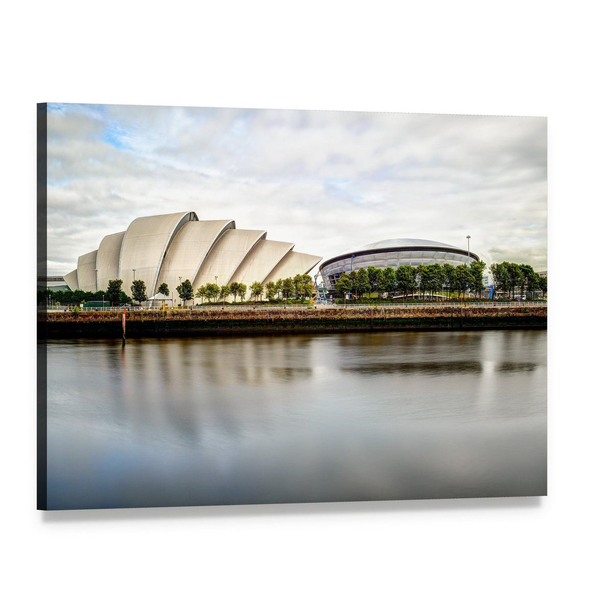 Armadillo Auditorium Glasgow River Reflection Canvas Wall Art, single panel gallery wrapped canvas, angled product view