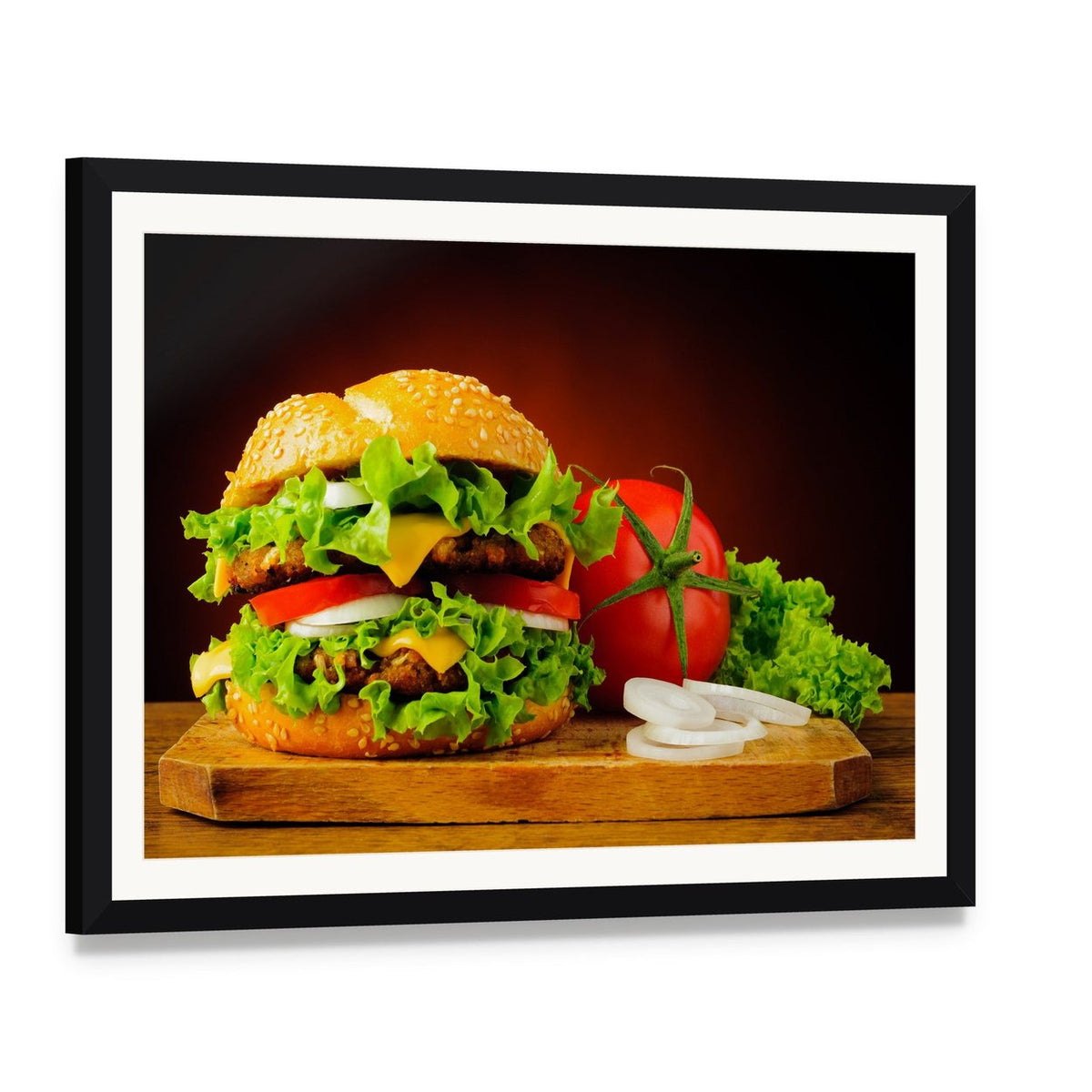 Double Cheeseburger with Sesame Bun Canvas Wall Art, framed print with white mat and black frame, angled product view