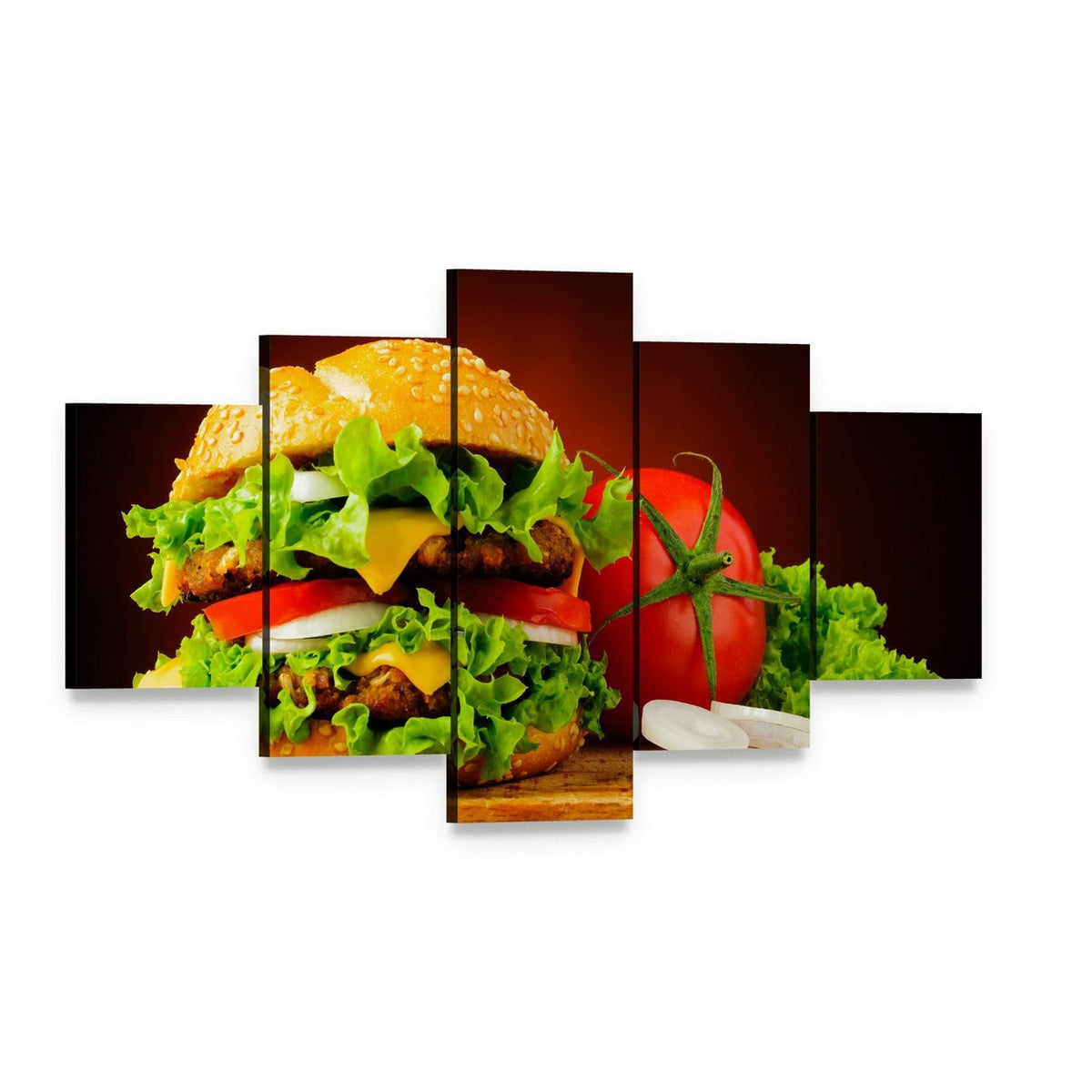 Double Cheeseburger with Sesame Bun Canvas Wall Art, 5 panel 5 Star layout gallery wrapped canvas set, angled product view