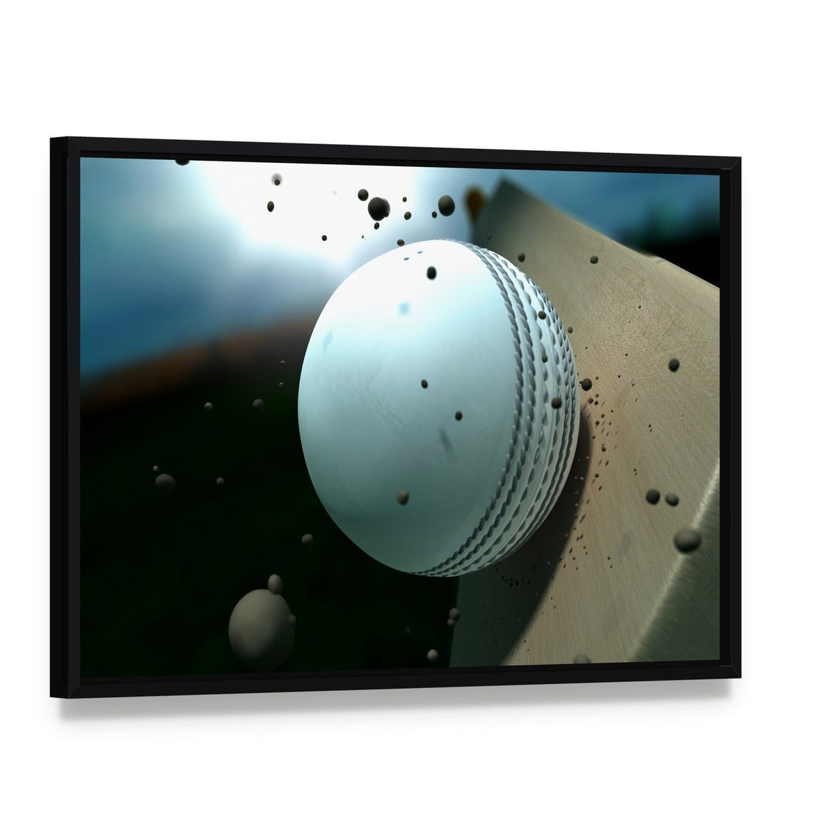 Ball Hitting Bat Canvas Wall Art, framed canvas in a black floater frame, angled product view