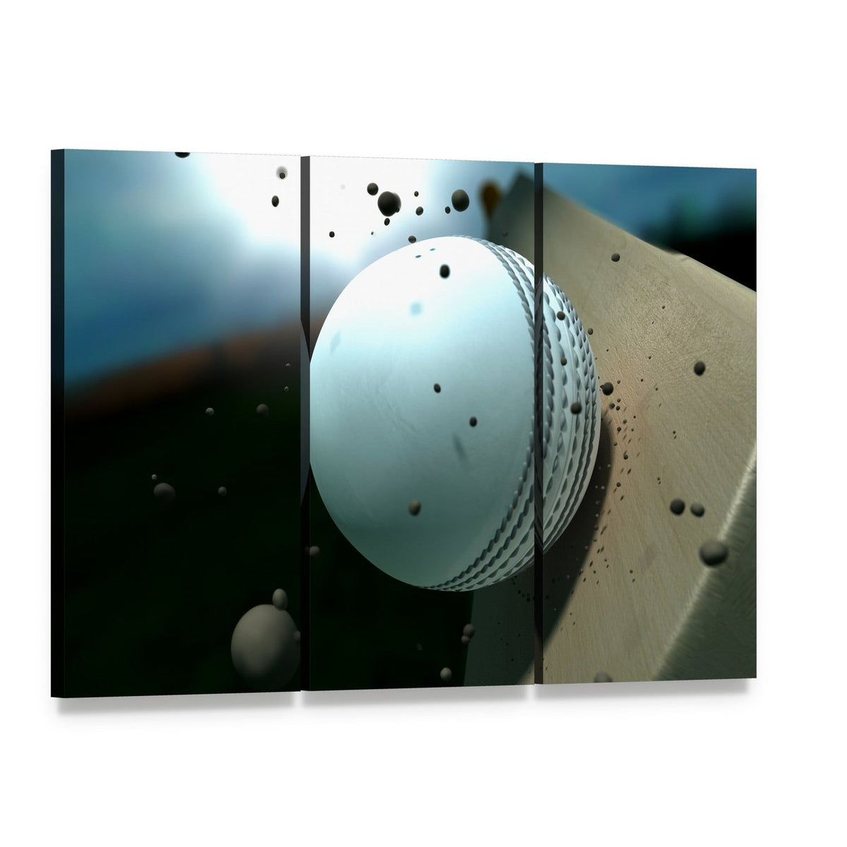 Ball Hitting Bat Canvas Wall Art, 3 panel 3 Horizontal layout gallery wrapped canvas set, angled product view