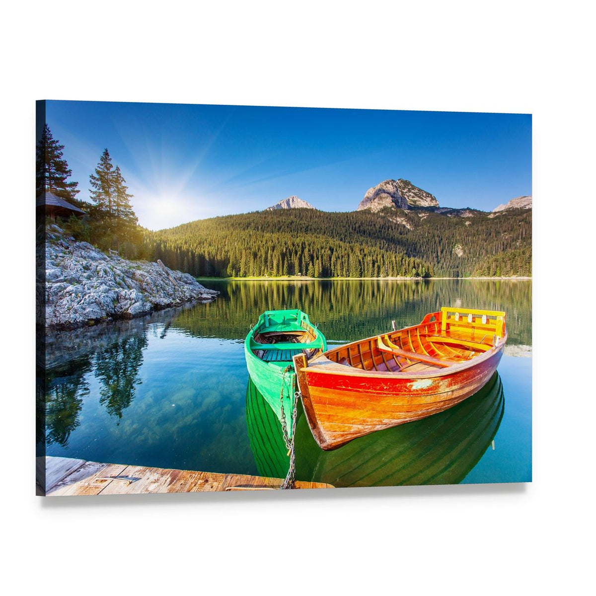 Boats on Lake in Montenegro Canvas Wall Art, single panel gallery wrapped canvas, angled product view