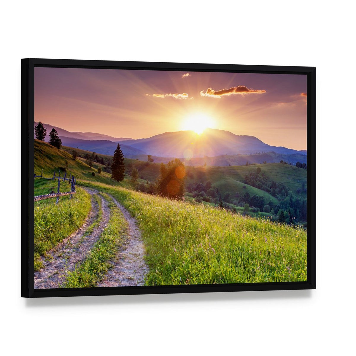 Pathway on Hilly Place Canvas Wall Art, framed canvas in a black floater frame, angled product view