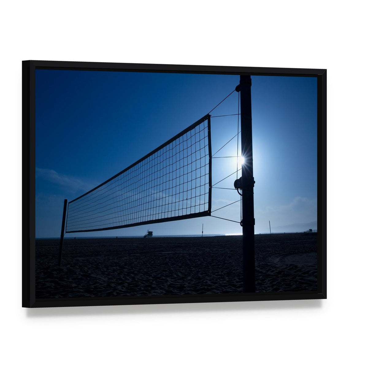 Volleyball Net on Beach Canvas Wall Art, framed canvas in a black floater frame, angled product view