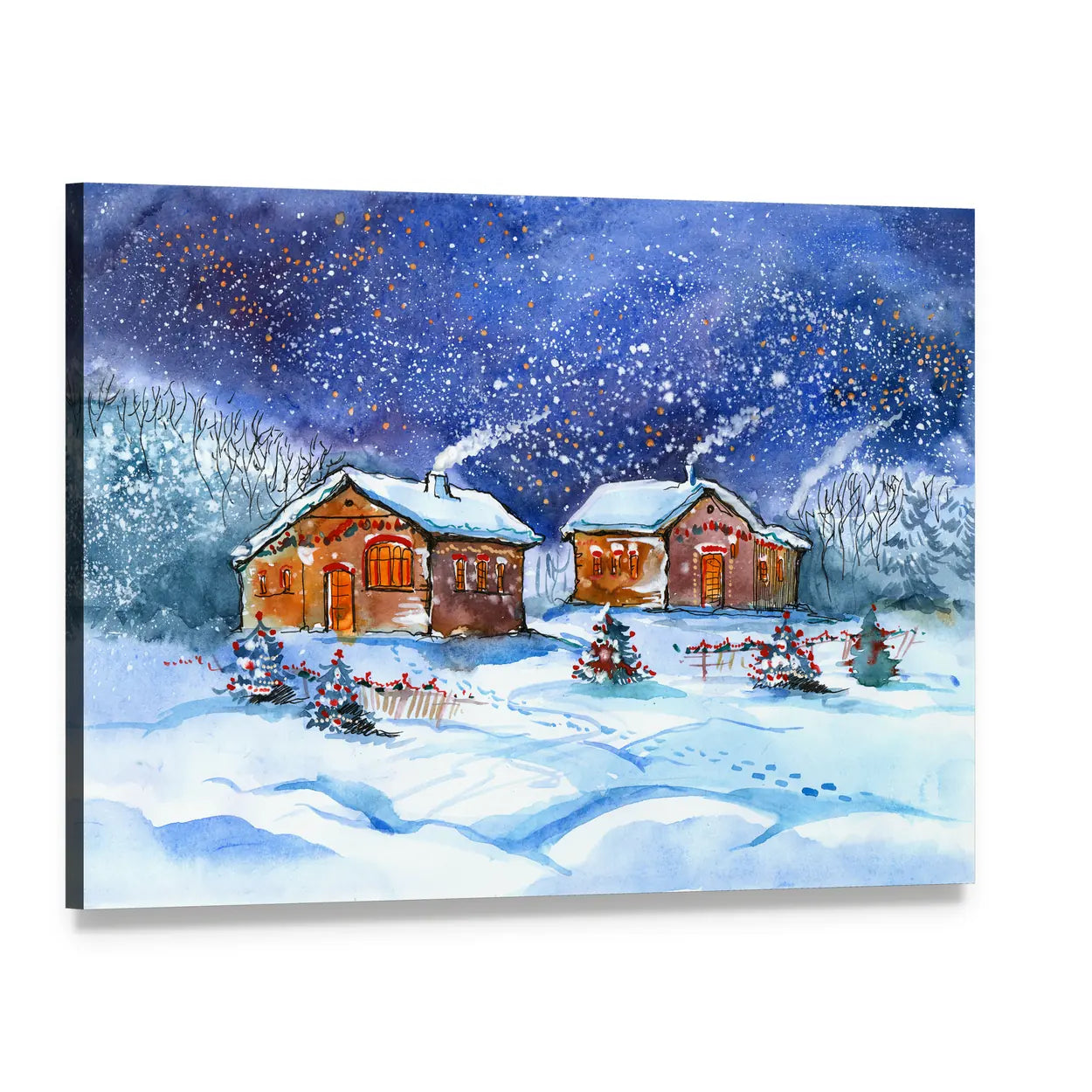 Two Winter Cottages Under Starry Night Canvas Wall Art, single panel gallery wrapped canvas, angled product view