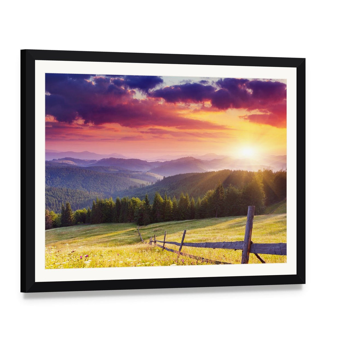 Mount Carpathian Sunset Canvas Wall Art, framed print with white mat and black frame, angled product view