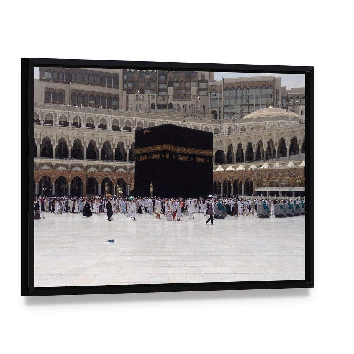 Kaaba at Masjid Al Haram in Mecca Canvas Wall Art, framed canvas in a black floater frame, angled product view