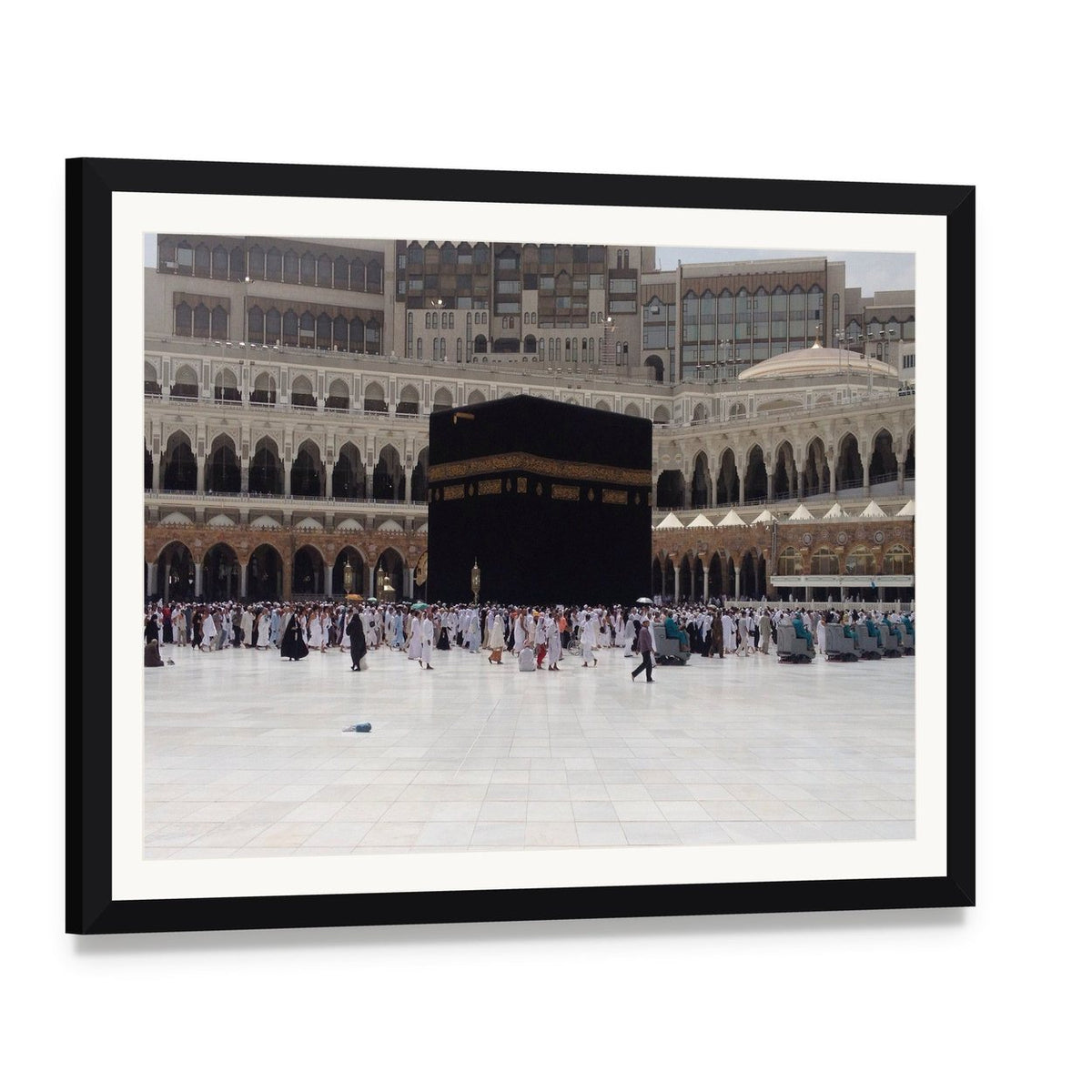 Kaaba at Masjid Al Haram in Mecca Canvas Wall Art, framed print with white mat and black frame, angled product view